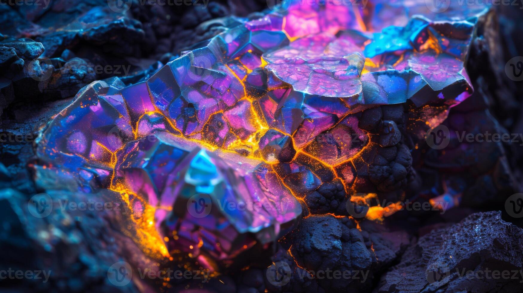 A breathtaking opal stone displays an array of vibrant colors, showcasing enchanting patterns as sunlight illuminates its surface. The surrounding dark materials enhance its brilliance. photo
