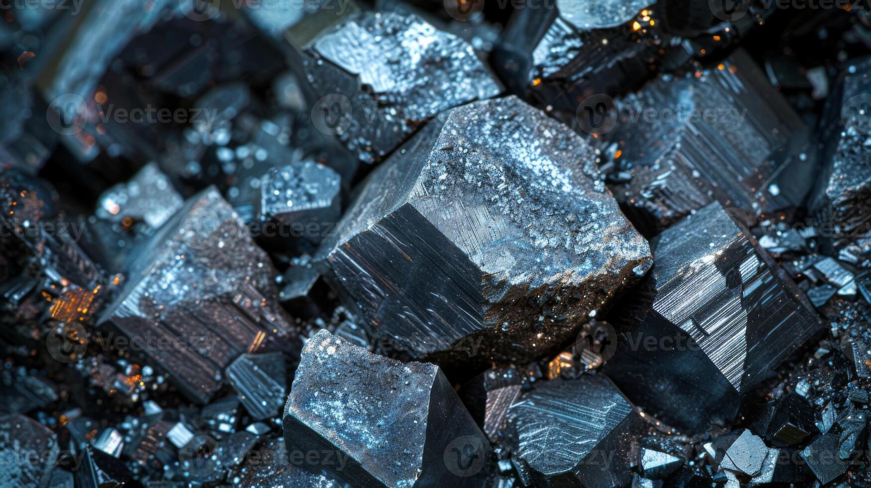 Shimmering black crystals display intricate patterns and textures, highlighting the stunning complexity of geological formations in an environment rich with mineral diversity. photo