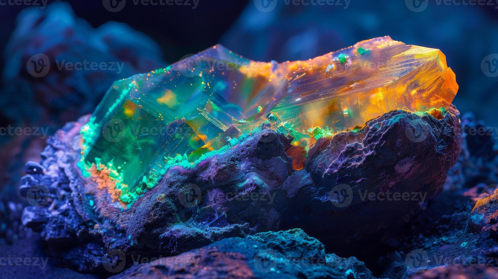 A large quartz crystal exhibits brilliant hues of green and orange, resting on textured rock, illuminated by soft lighting in a dark room that enhances its beauty. photo