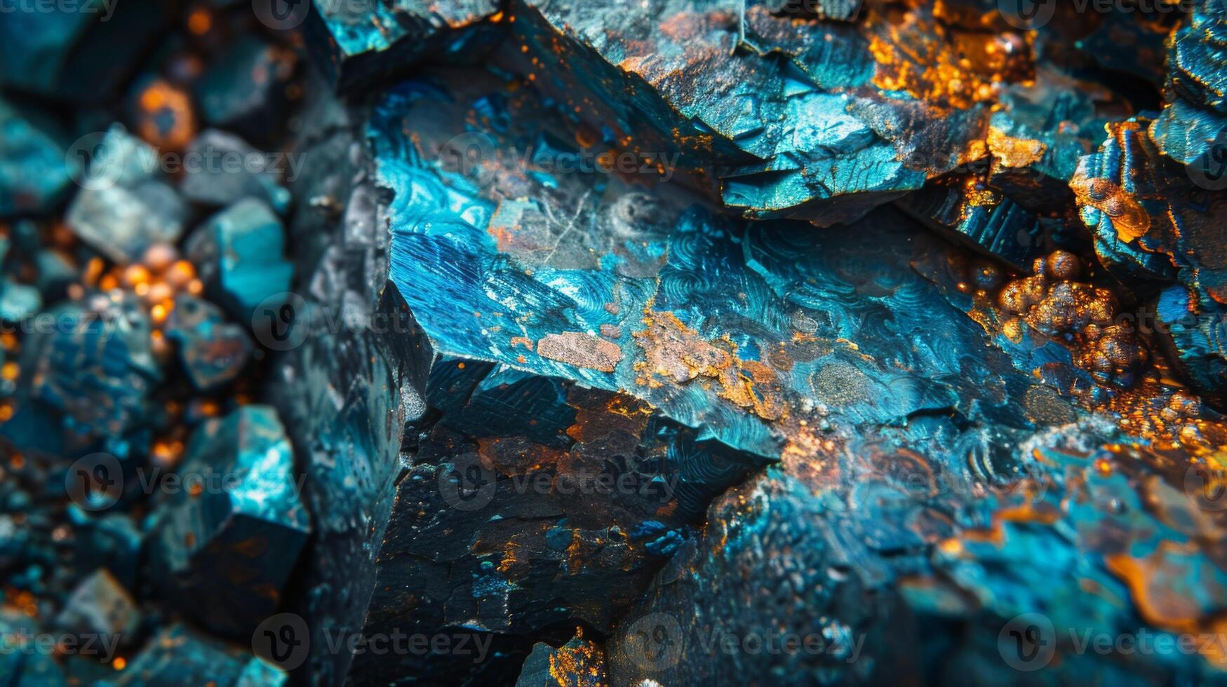Natural formation displays striking minerals with vivid blue hues and warm orange accents nestled within rugged rock. Light interacts with surfaces, creating stunning visual effects. photo