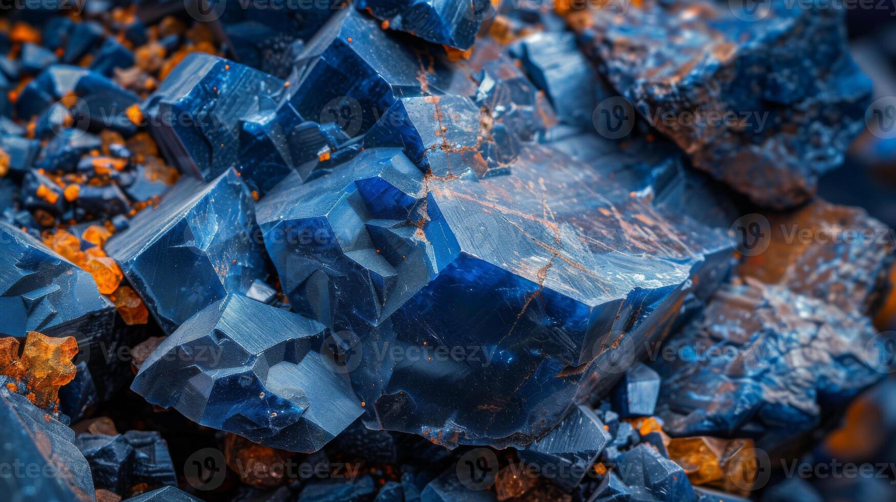 Vibrant blue mineral formations showcase intricate crystal structures, with bright orange highlights, discovered in a hidden cave during an adventure in nature. photo