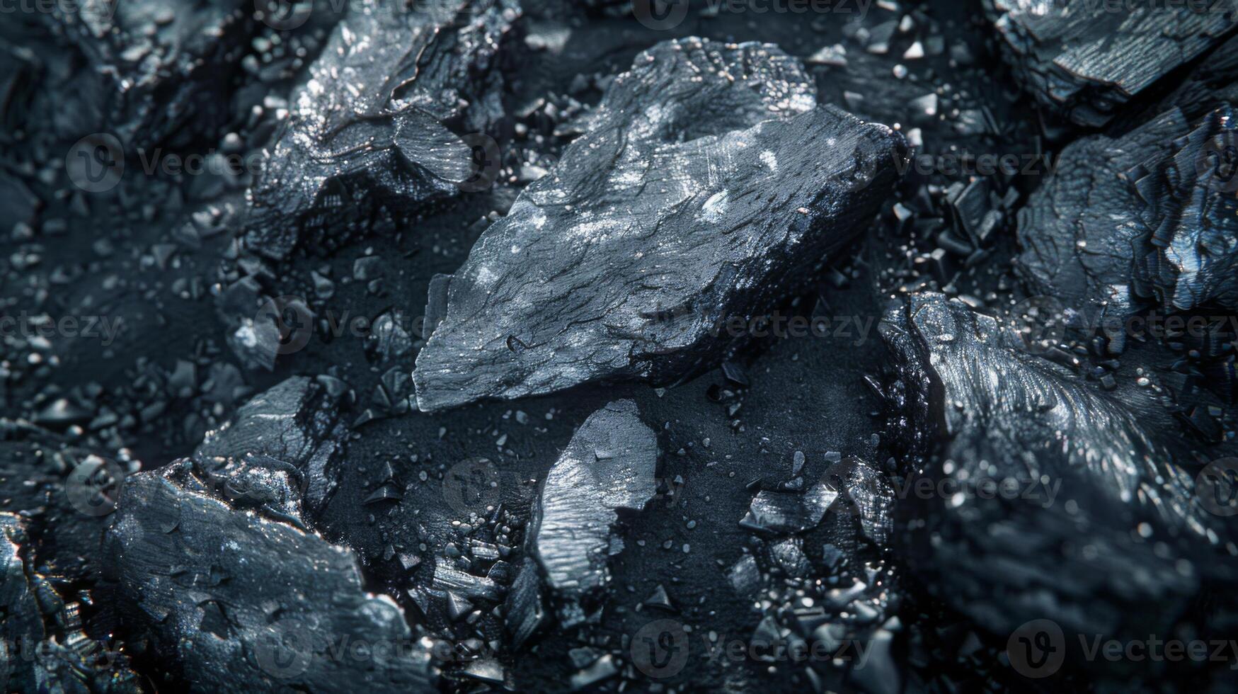 Close up of charcoal pieces displaying a rich texture and dark sheen. The varied shapes create a natural and striking pattern under soft lighting. photo