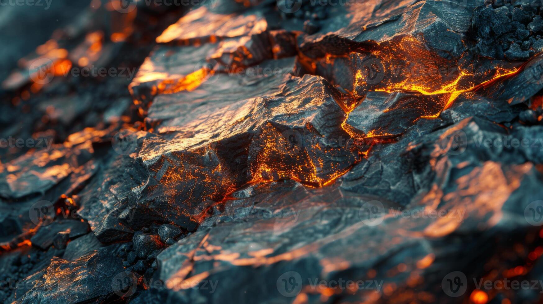 Glowing lava illuminates jagged volcanic rock formations as molten material flows across the surface, showcasing the intense heat and energy of the eruption in the dark environment. photo