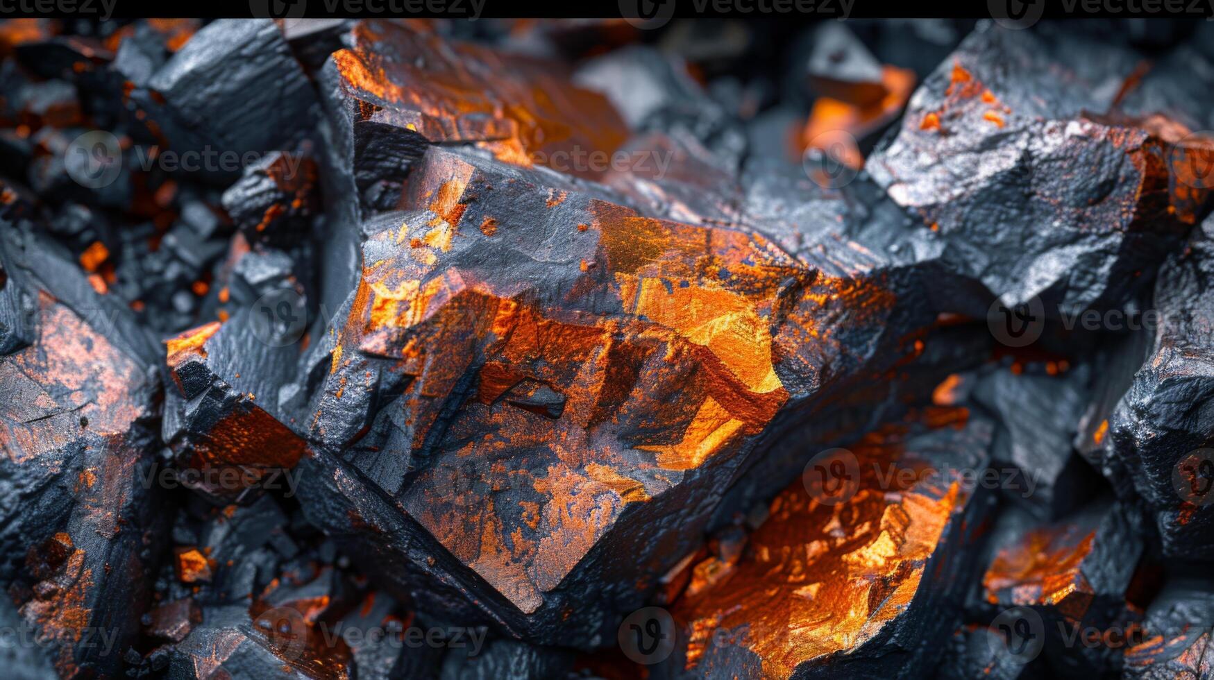 Richly colored mineral rocks display striking orange and black hues, showcasing their intricate textures against a dark background during the golden hour. photo