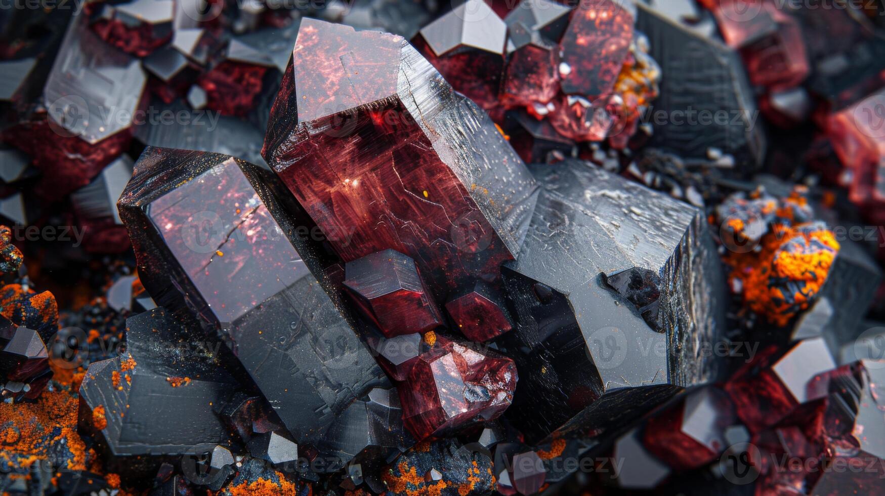 Dark red and black mineral crystals create a striking display with their sharp edges and detailed surfaces, highlighting the beauty of natural geological formations found in specific environments. photo