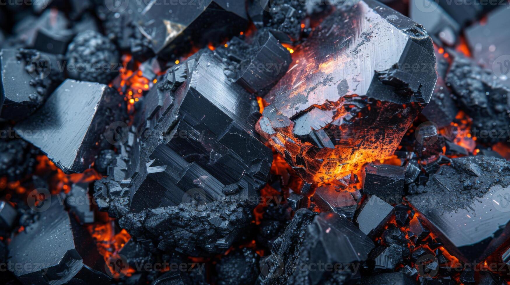 Bright orange and red glow emanating from crystal formations amidst textured black volcanic rock, indicating a natural heating process, creating a stunning visual juxtaposition. photo