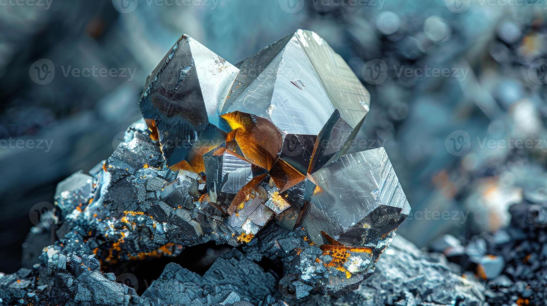 A breathtaking crystal cluster displays sharp edges and brilliant shades against a dark rocky backdrop, highlighting the beauty of natural mineral formations found in nature. photo