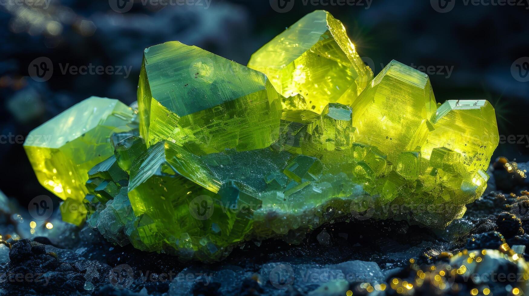 Vibrant green crystal formations catch sunlight, showcasing their brilliance against a dark rocky background, highlighting the intricate details and textures of the crystals. photo