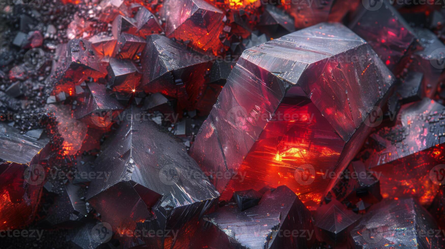 Glittering crystalline structures exhibit bright red hues and sharp angles, illuminated by vibrant light, creating an enchanting display of natural beauty and geological wonder. photo