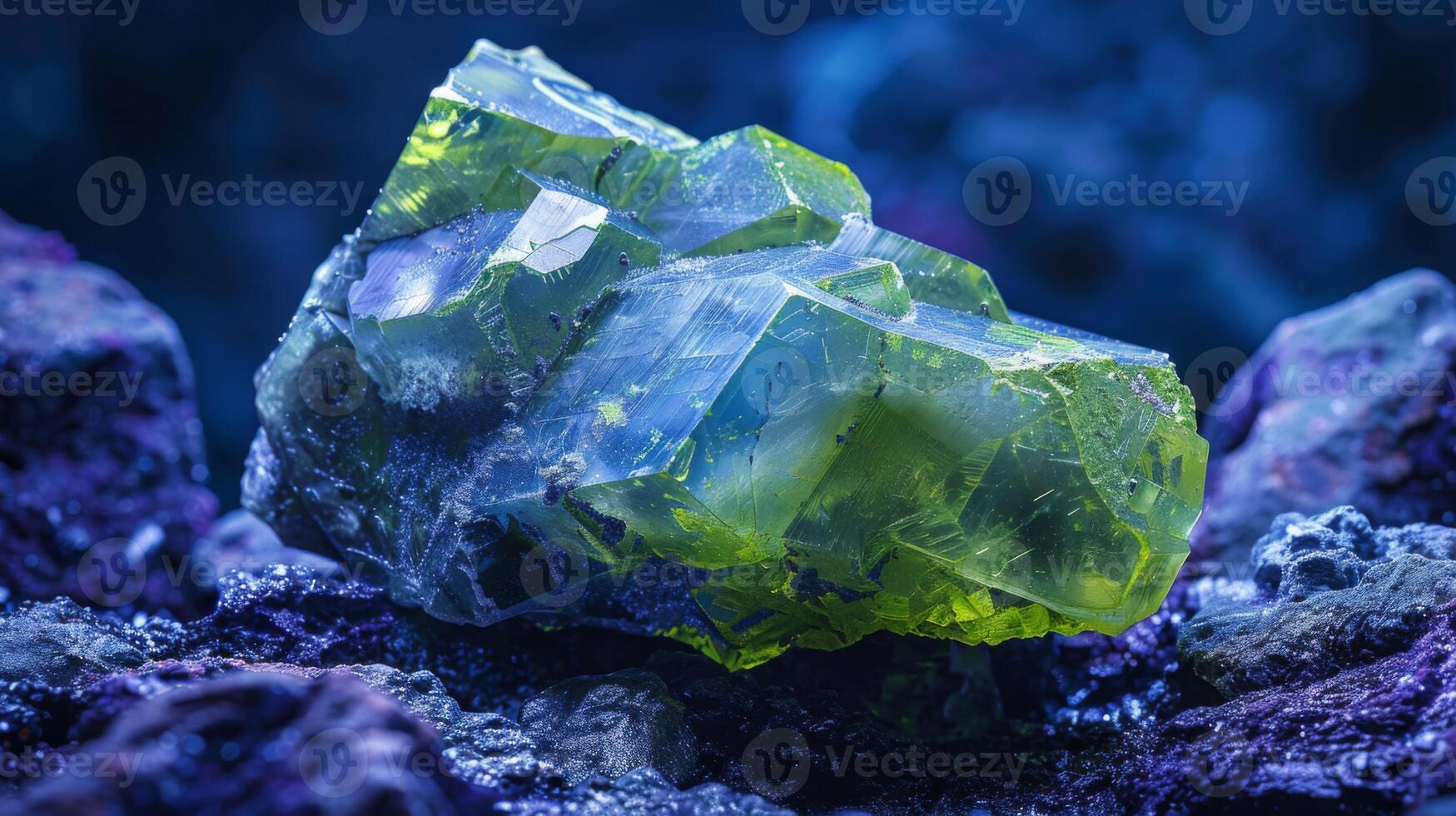 A vibrant green crystal stands out against a dark, rocky background, illuminated by soft blue lighting. The unique shape and clarity of the crystal create an intriguing visual effect. photo