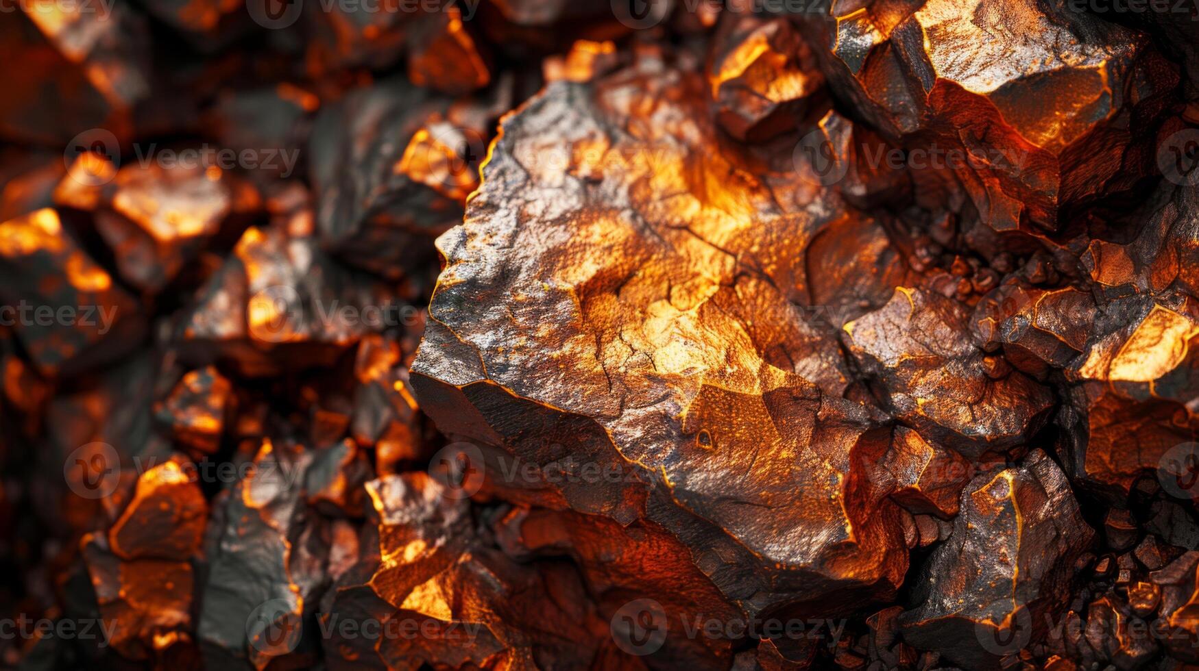 Textured copper ore shines with a blend of vibrant orange and deep brown hues, highlighting its unique mineral formations in warm afternoon sunlight. photo