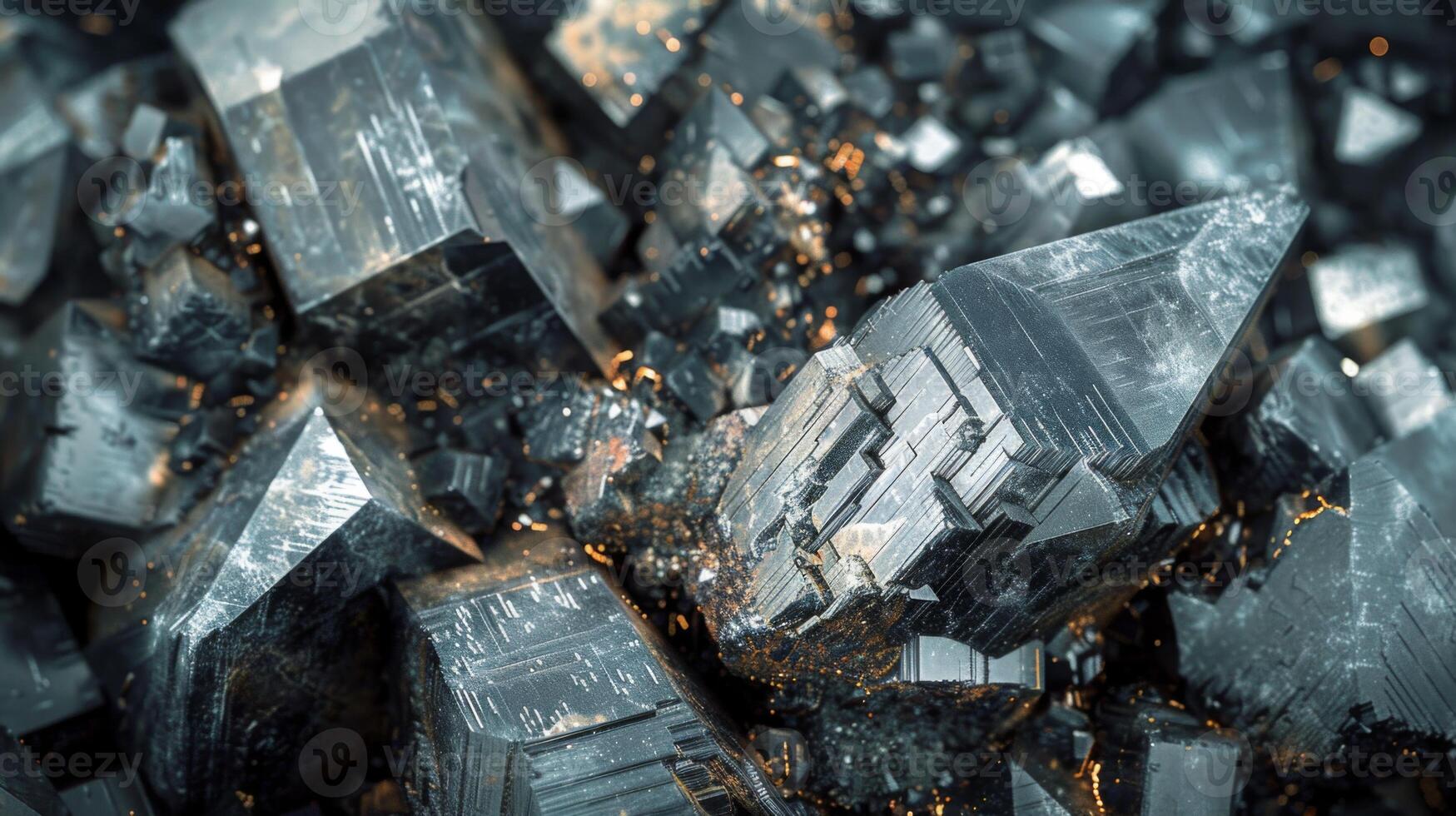 Sharp edged metallic crystals with a reflective surface are clustered together, creating a captivating arrangement that captures subtle lighting and highlights their intricate textures. photo