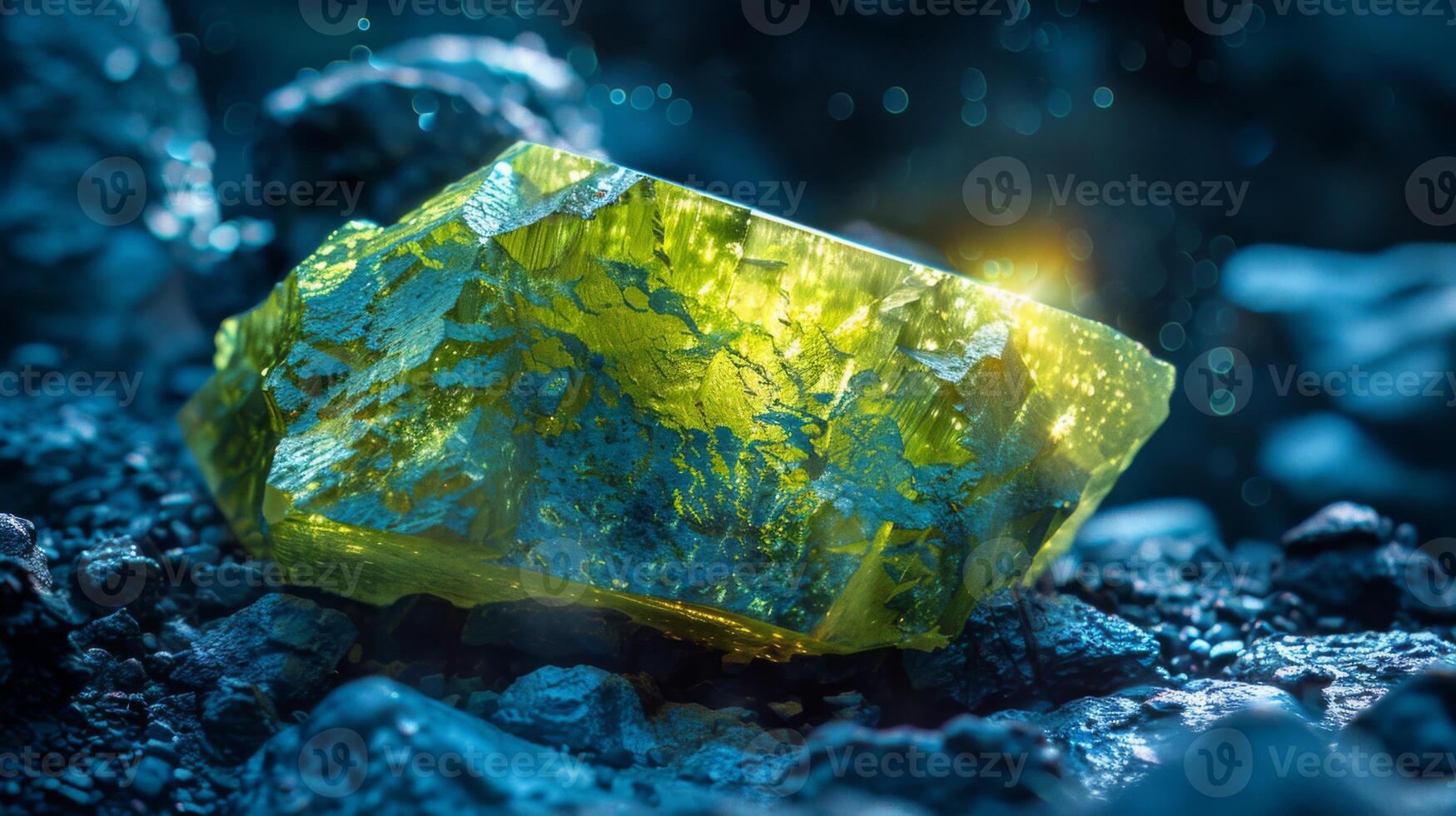 A vibrant green crystal rests amidst dark rocks, capturing the light beautifully. The tranquil environment enhances its glowing appearance, showcasing nature's artistry. photo
