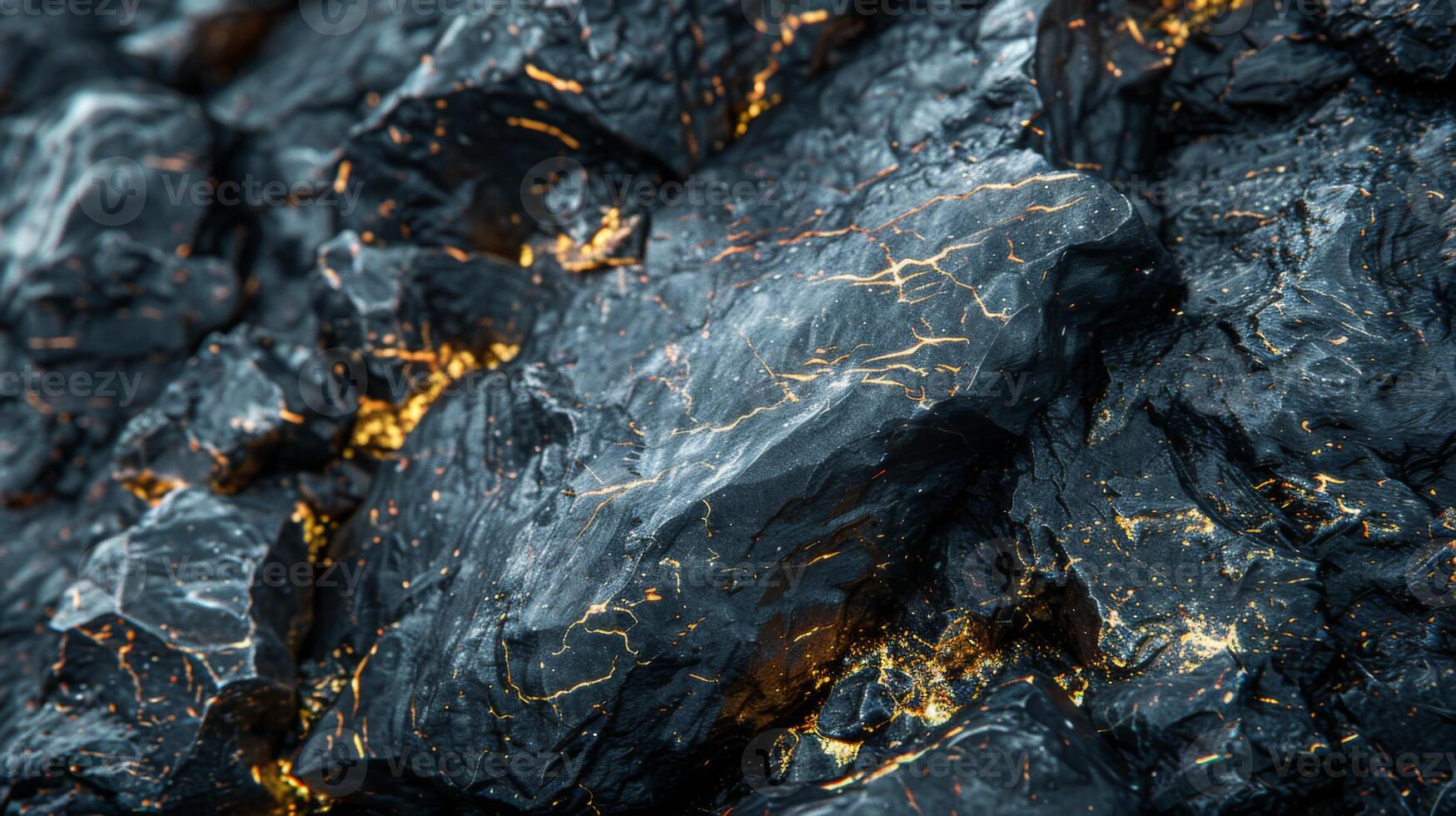 Close up view of a stunning rock formation showcasing deep black surface with vivid golden veins, highlighting the beauty of geological processes in nature. photo