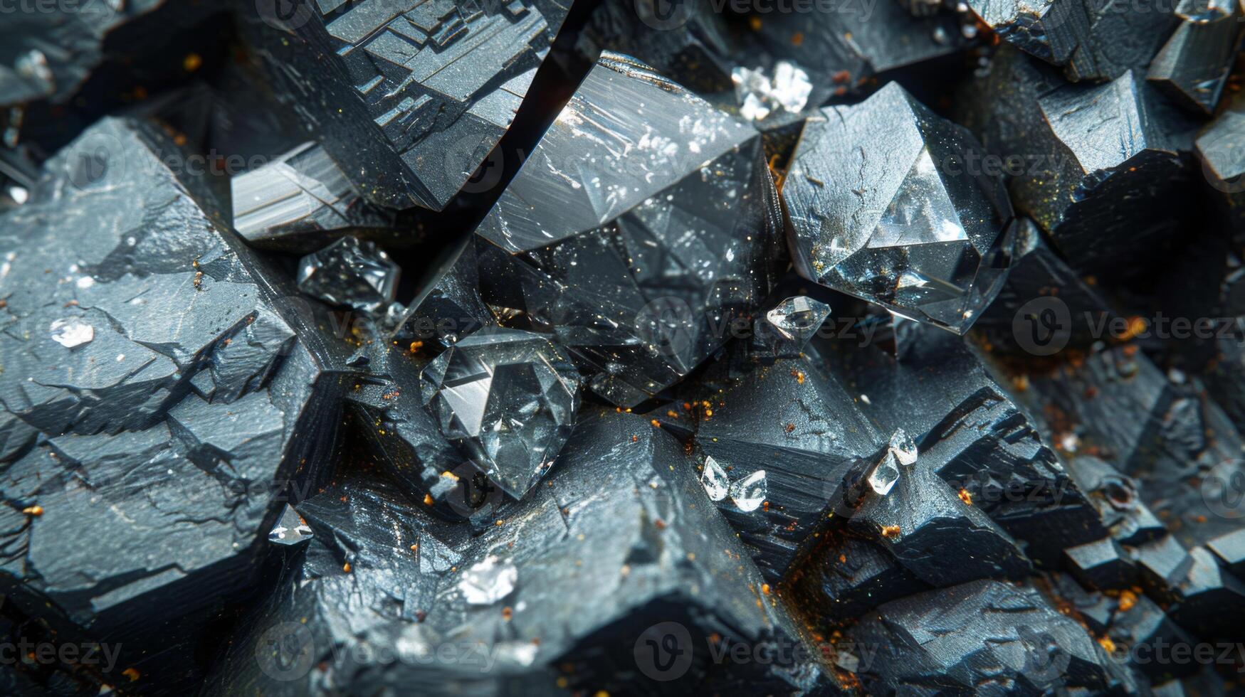 Dark mineral crystals are clustered together, their sharp edges reflecting light. Each facet reveals unique patterns and sparkling details, highlighting their natural beauty. photo