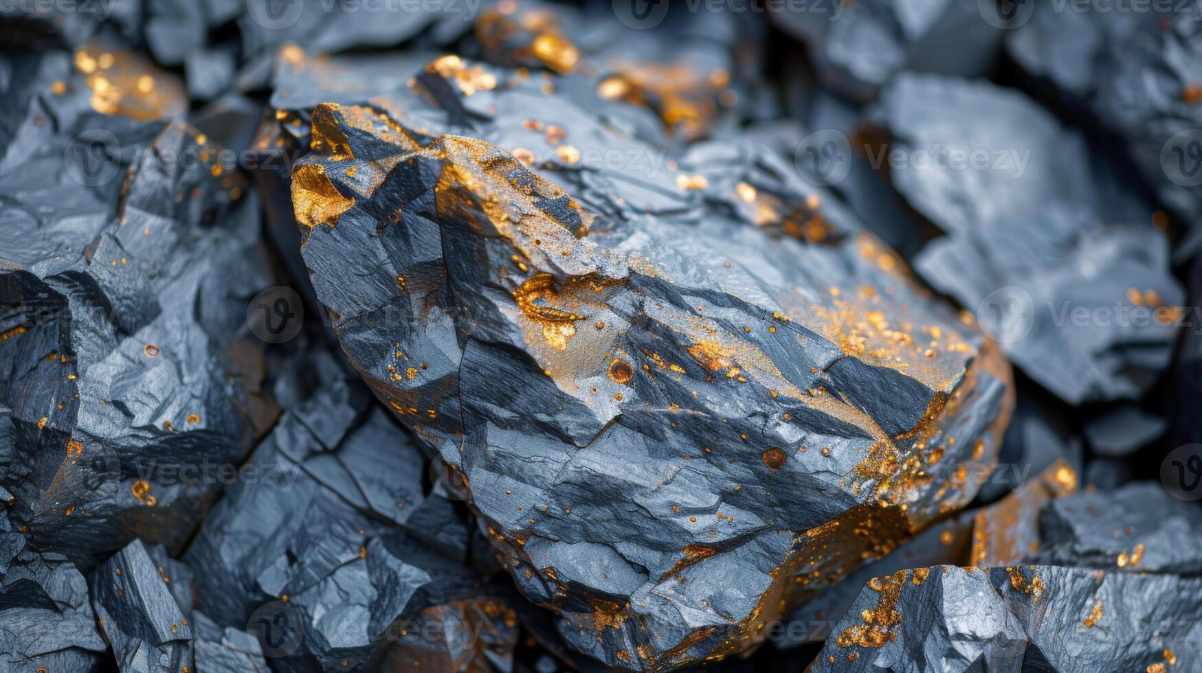 Numerous pieces of jagged rock exhibit a striking contrast between dark surfaces and glistening metallic flecks, reflecting sunlight in a rugged landscape photo