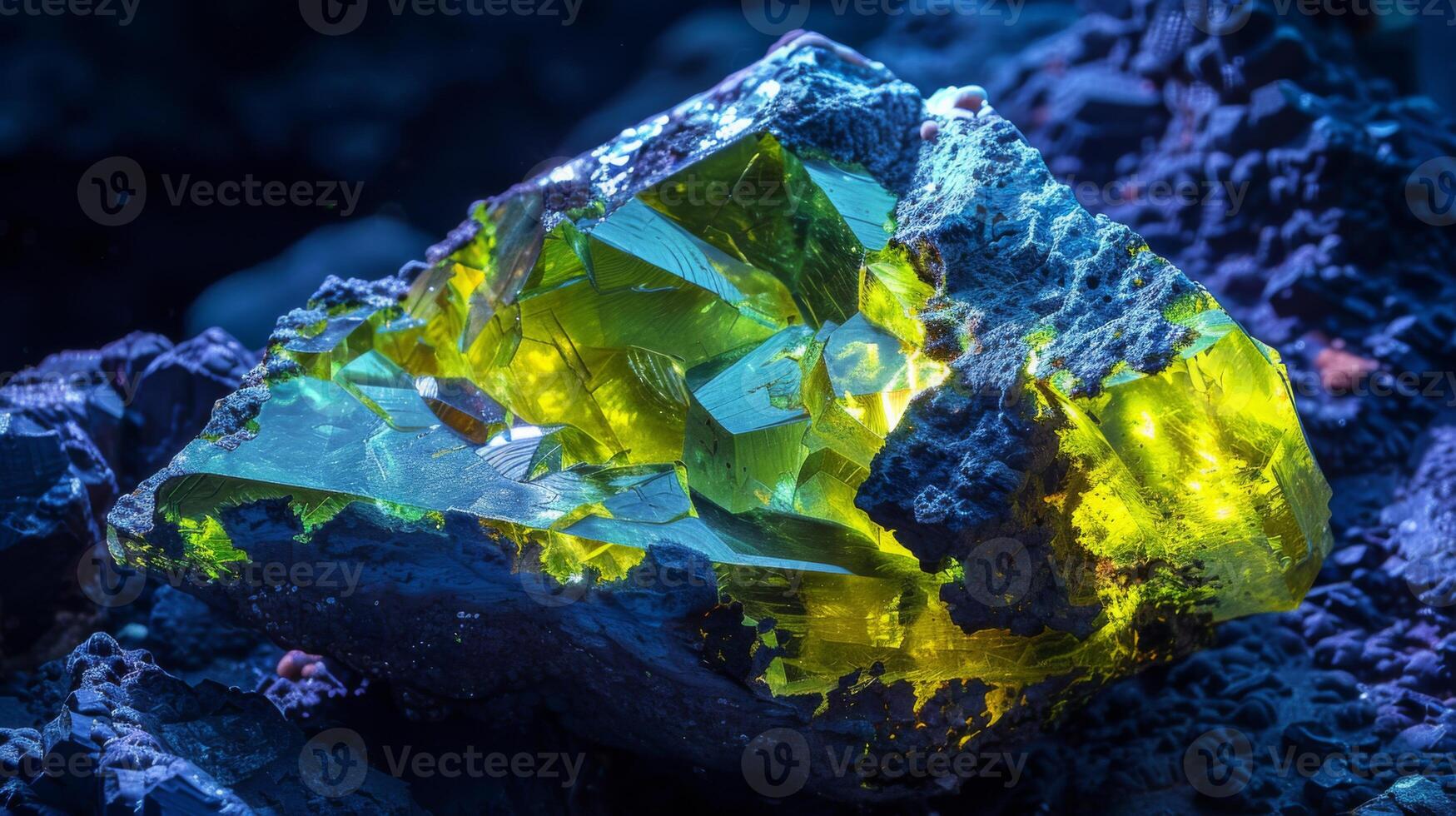 A vibrant green crystal among dark rocks glows beautifully, showcasing its intricate structure and colors a captivating display of natures artistry. photo