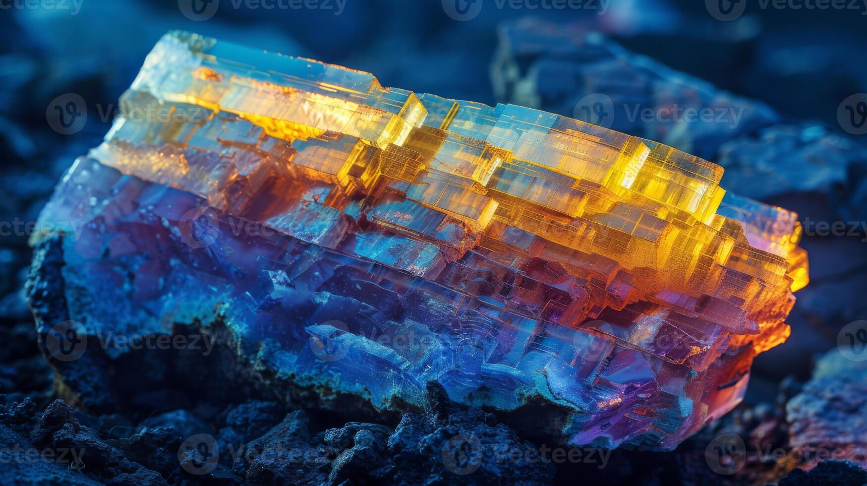 A captivating crystal displays a striking blend of blue, orange, and yellow hues, contrasting beautifully against a dark, textured rock surface illuminated by soft natural light. photo
