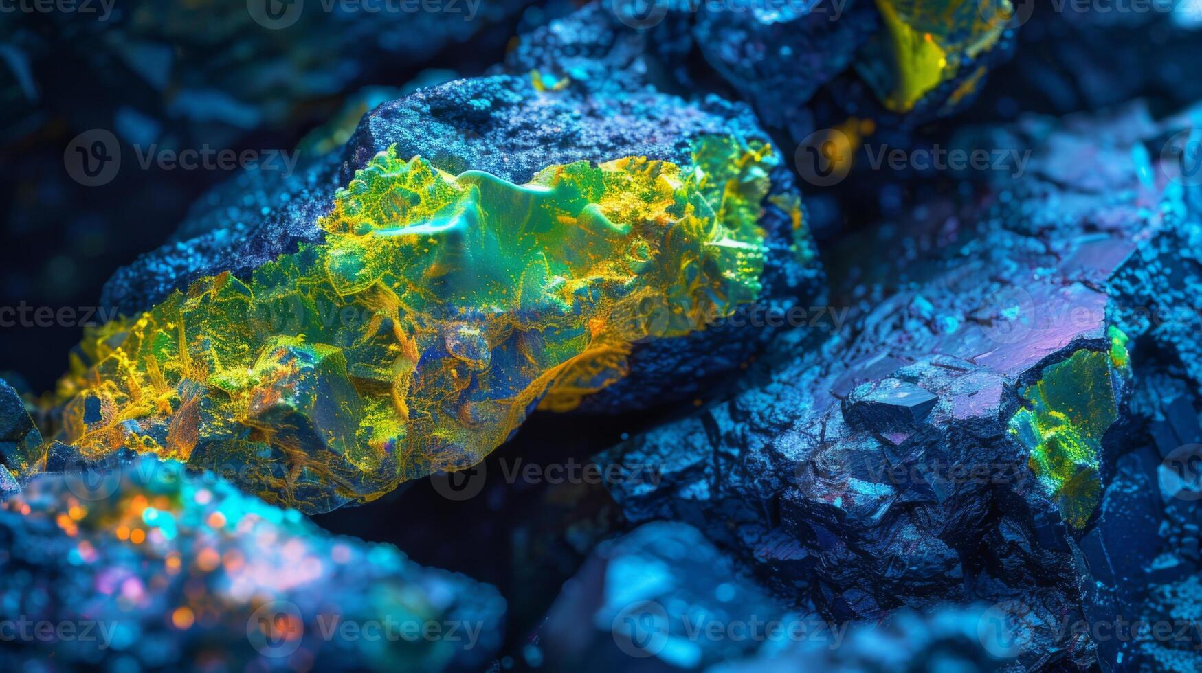 In this captivating display, rocks are highlighted with brilliant yellow and blue colors, revealing complex mineral formations. The unique textures and colors create a stunning visual effect. photo