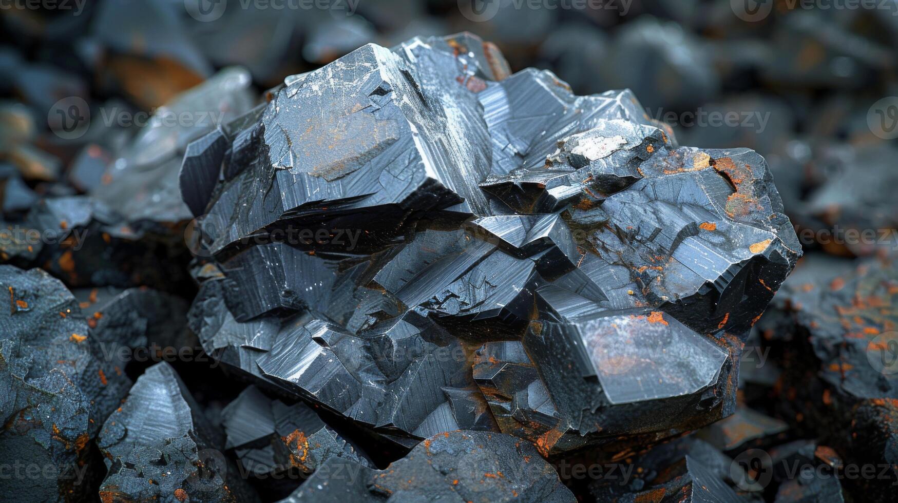 A striking black obsidian crystal stands out among surrounding stones, reflecting light and displaying its unique texture and angular shapes in a natural rocky setting. photo