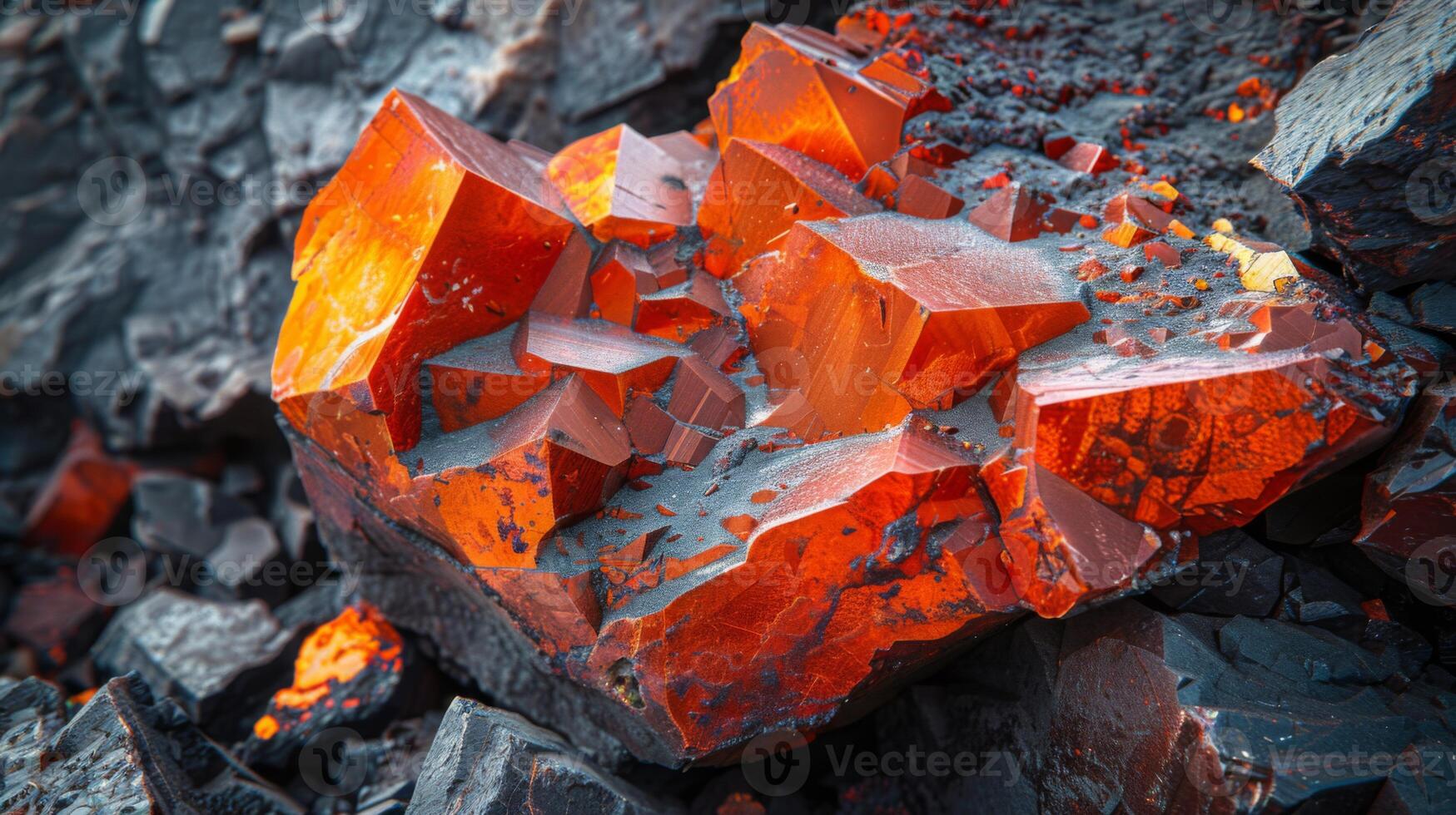 Crystalline formations of vibrant orange minerals are showcased against a backdrop of dark rock. The sunlight highlights the geometric shapes and colors, creating a striking visual display. photo