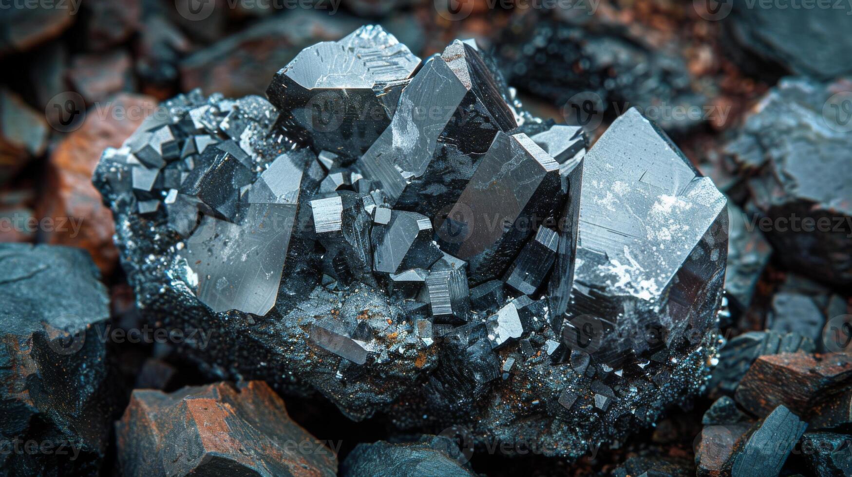 Sharp edged mineral crystals shine brightly, reflecting natural light while positioned among varying shades of dark stones. The intricate details highlight the mineral's unique structure. photo