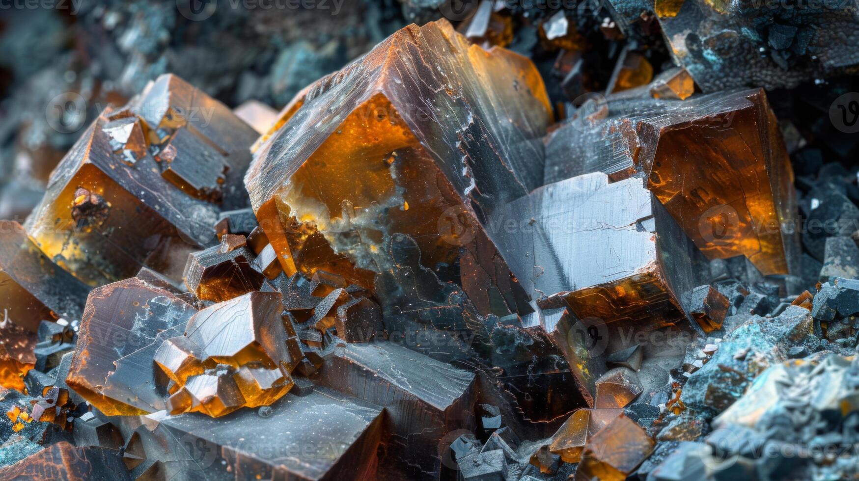Glimmering brown cubic crystals showcase intricate patterns and vibrant hues while lying among various minerals, illuminated by natural light in a rocky landscape photo