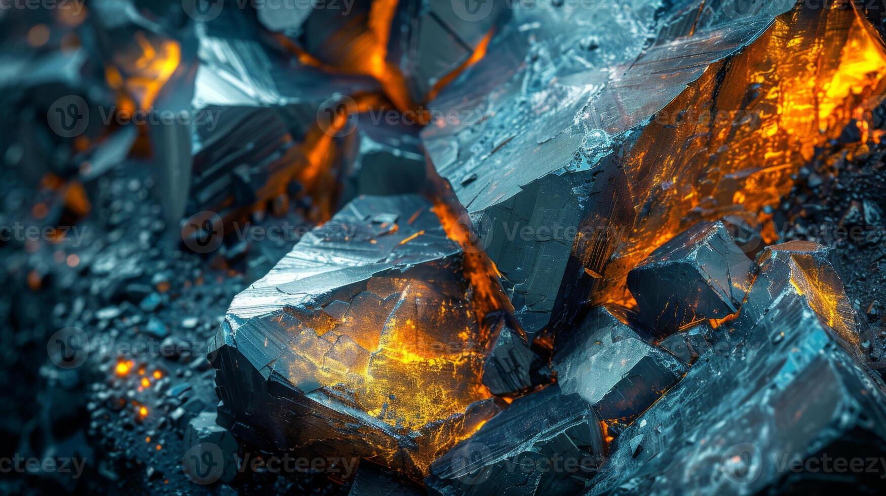 Bright orange molten lava seeps between jagged rocks, highlighting the rugged textures in a volcanic landscape illuminated by the low twilight. photo