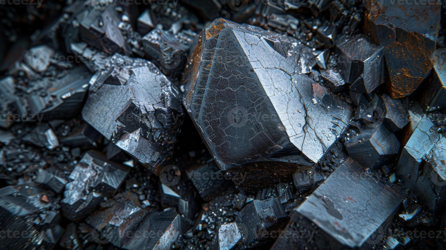 Large black crystals are clustered together, showcasing unique geometric shapes and surfaces that reflect light, emphasizing their natural beauty in a mineral rich area. photo