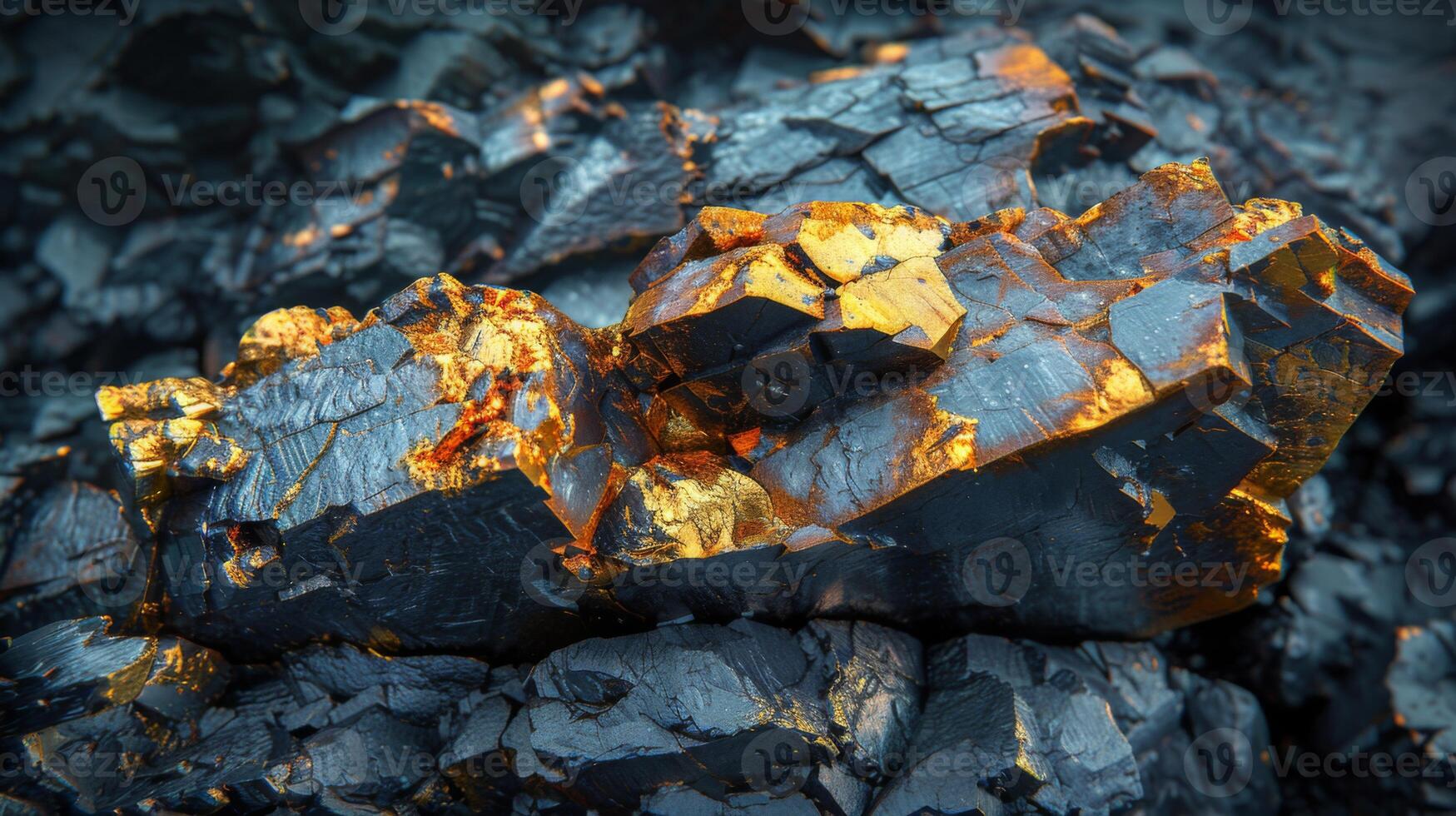 A close up view reveals a black rock formation interspersed with gleaming golden veins, showcasing the striking contrast and intricate textures found in natural mineral deposits. photo