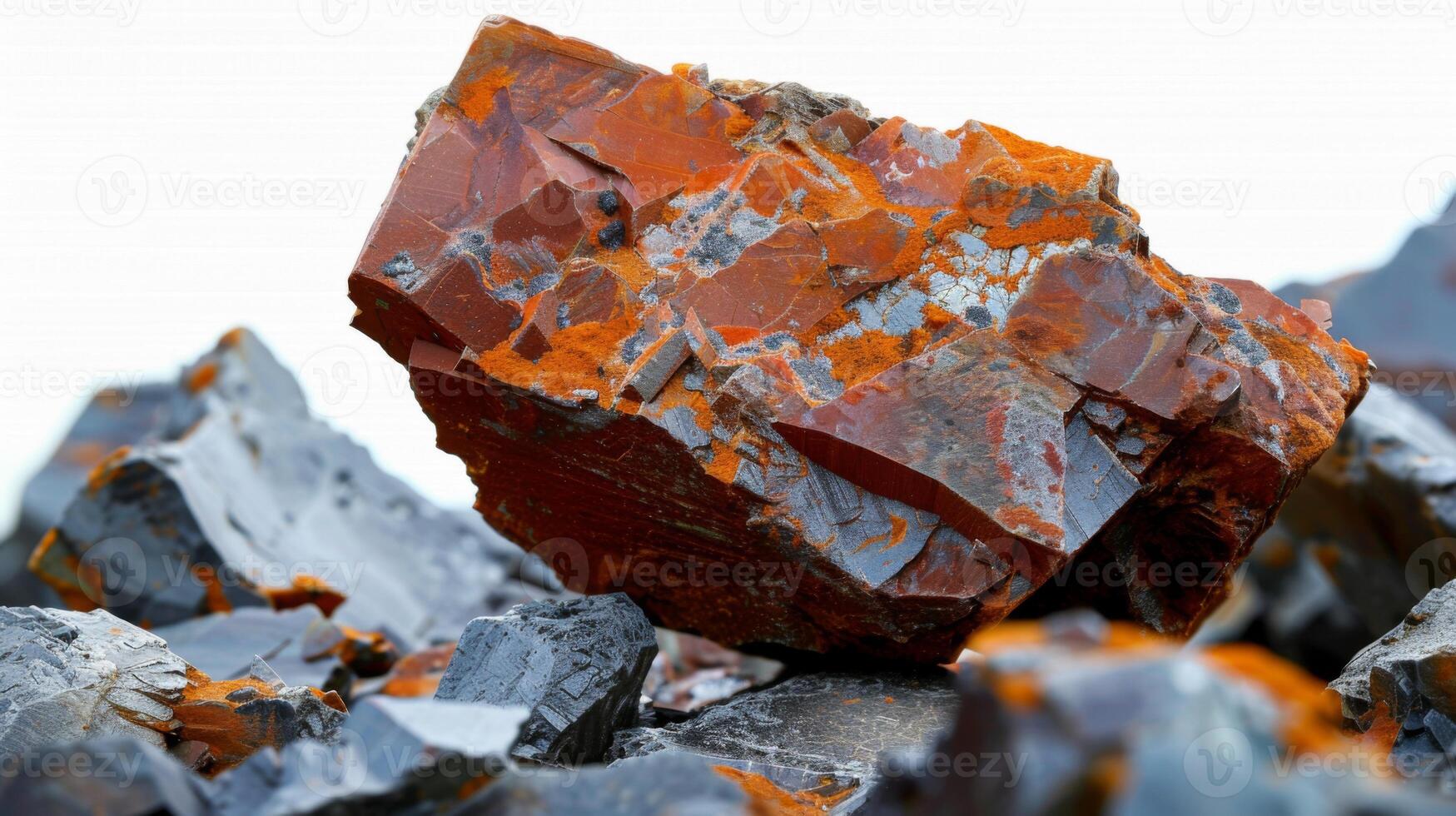 Bright red and orange mineral rock stands out among gray stones, showcasing unique patterns and textures under natural light in an outdoor location photo