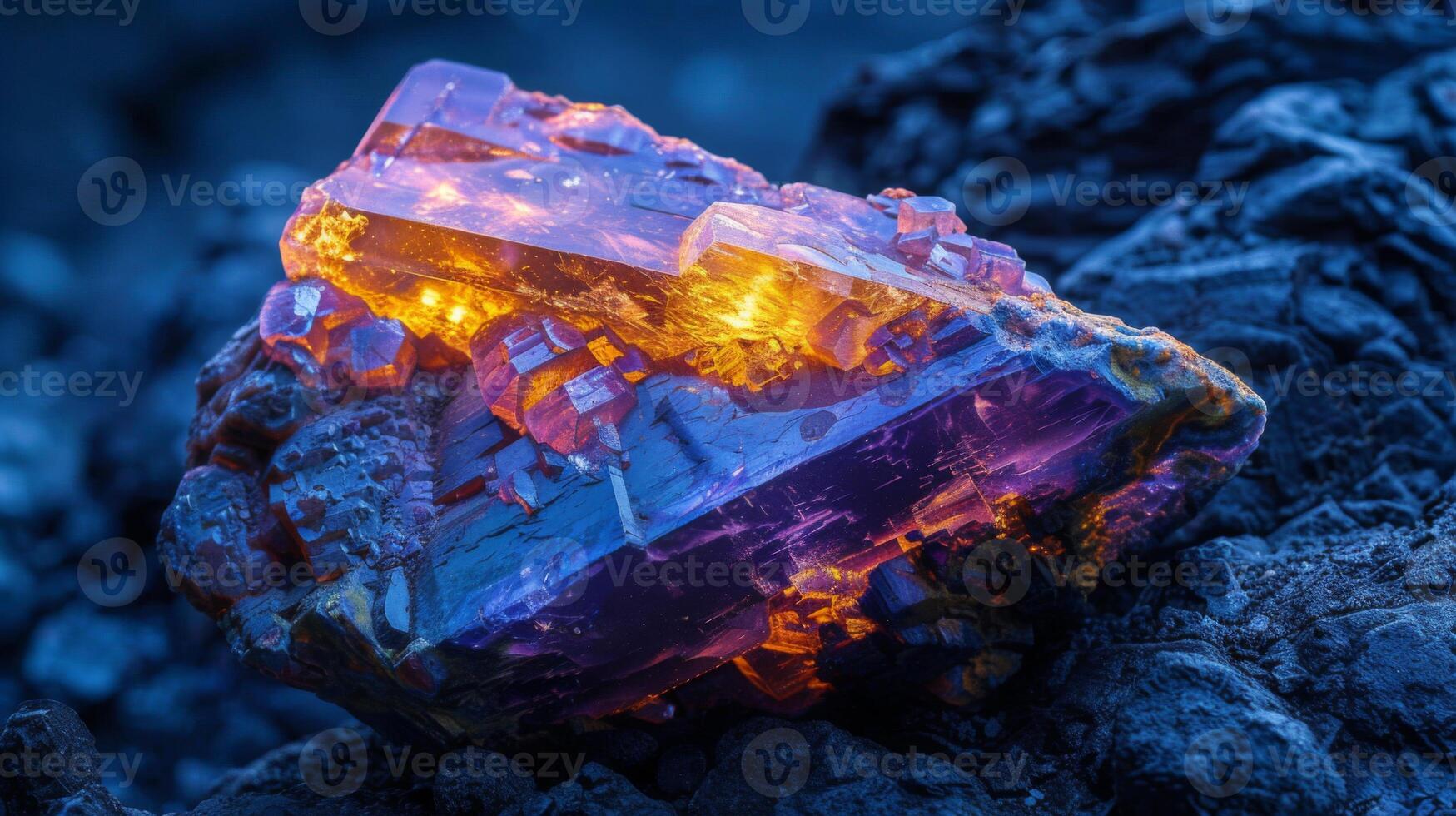 A vibrant crystal formation featuring shades of purple and orange is illuminated against a backdrop of dark, rugged rock, showcasing its natural beauty during dusk. photo