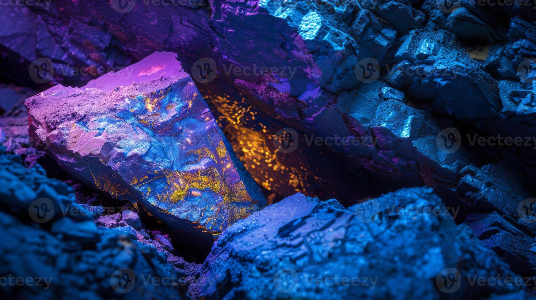 A crystal formation sits amid rough rocks, glowing with vibrant colors. The light creates a captivating contrast with the dark surroundings, highlighting the textures and patterns. photo