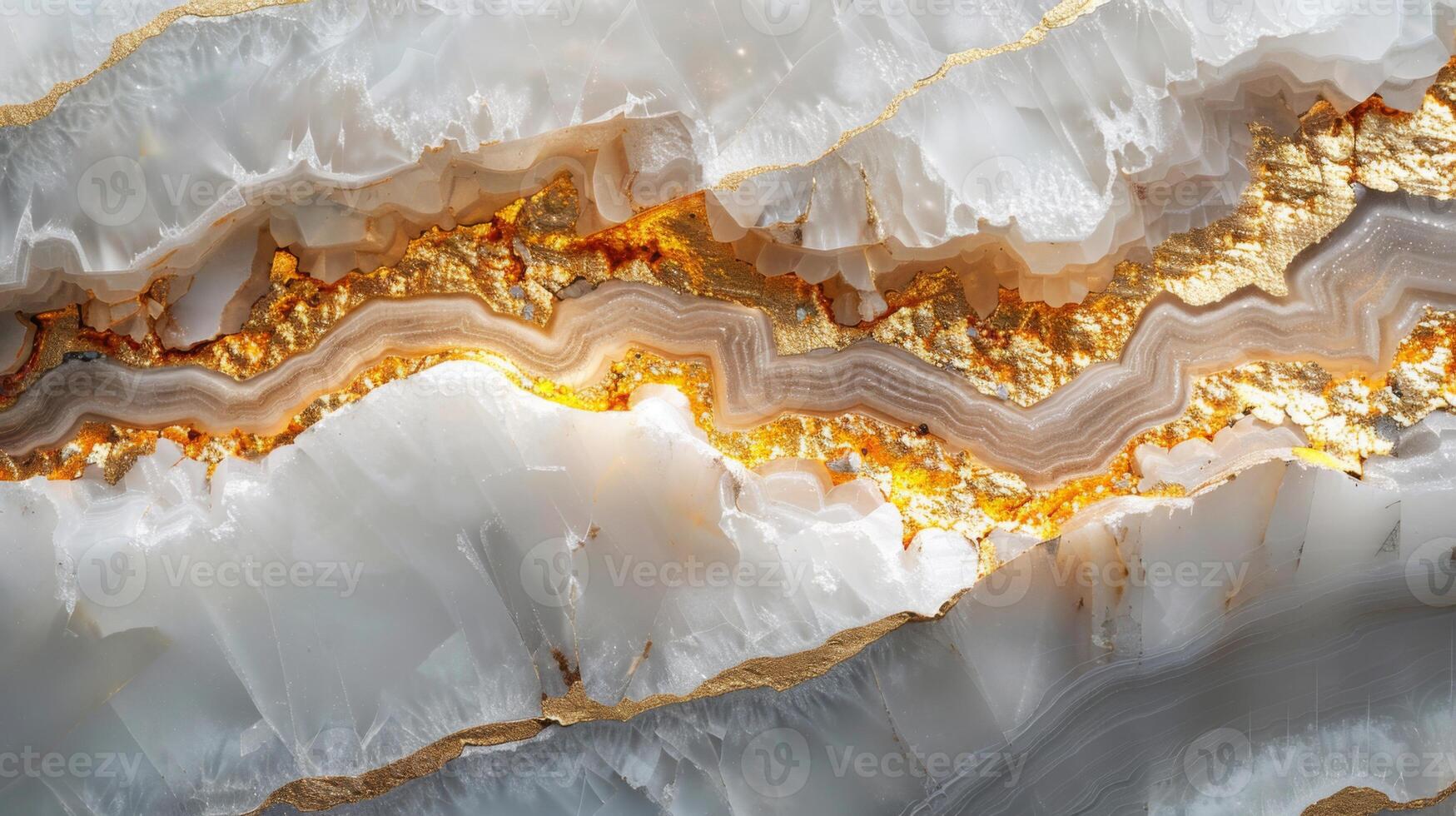 Close up view reveals the mesmerizing patterns and textures of a geode, showcasing gold and white minerals merging beautifully in a captivating natural formation. photo