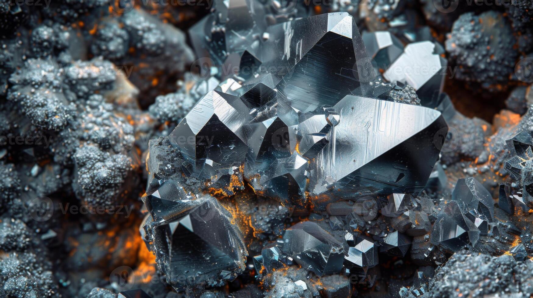 Bright and detailed mineral crystals shine with reflections, set against a textured surface of shiny rock and rough formations, showcasing nature's beauty in geological wonders. photo