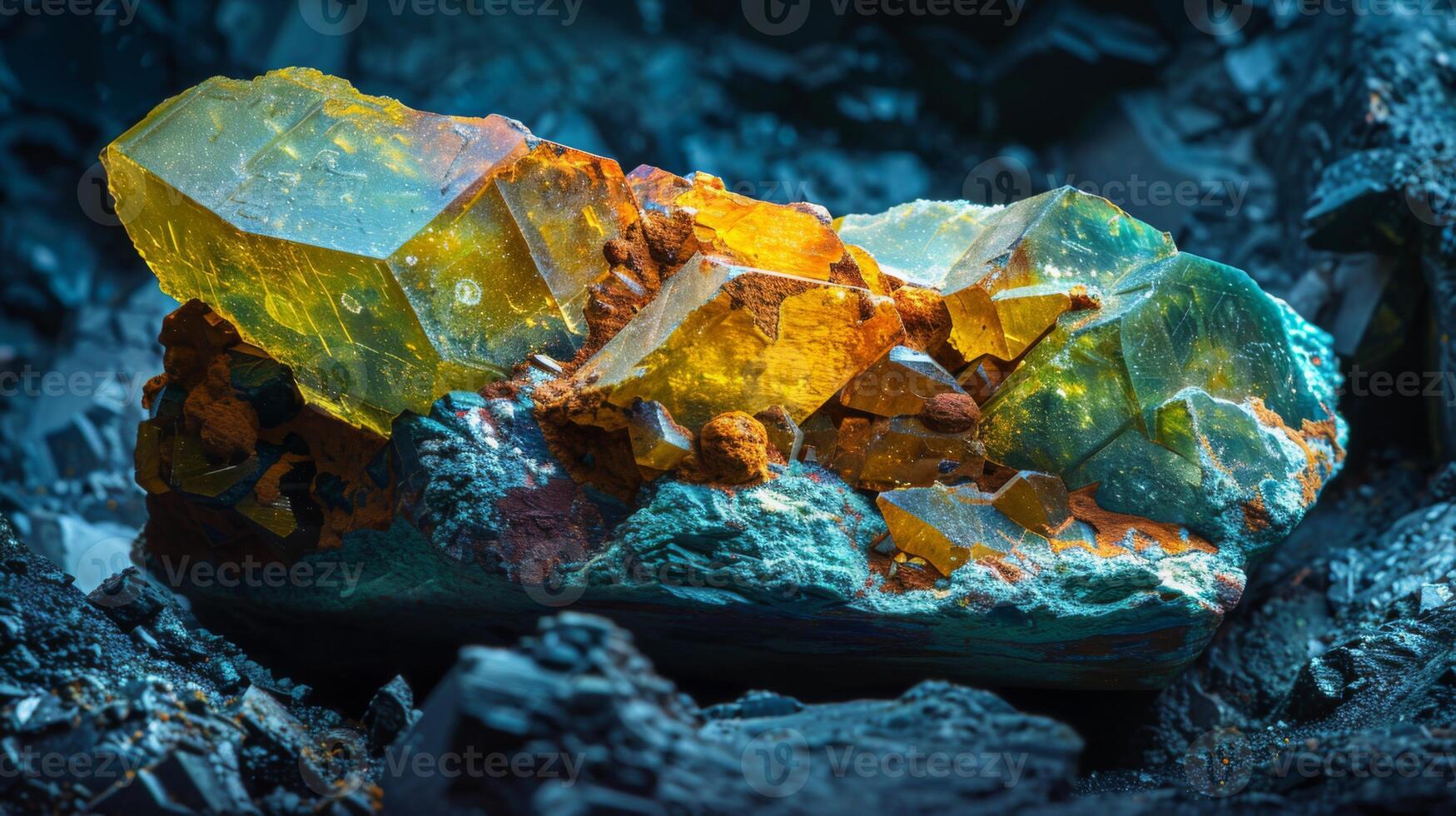 A striking mineral specimen reveals bright yellow and green crystals juxtaposed against dark rocky textures. The dynamic colors reflect natural light, highlighting geological beauty. photo