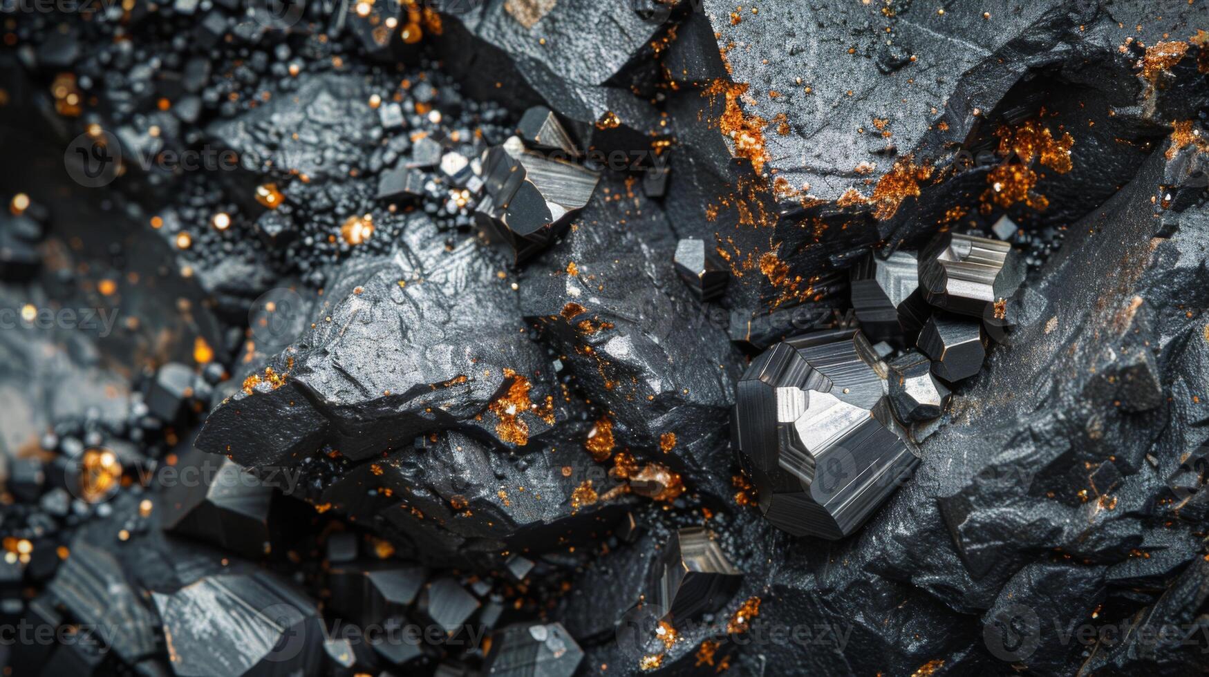 Shimmering black and orange crystals contrast against dark rock layers, showcasing natural mineral formations in a geological setting filled with intricate textures and details. photo