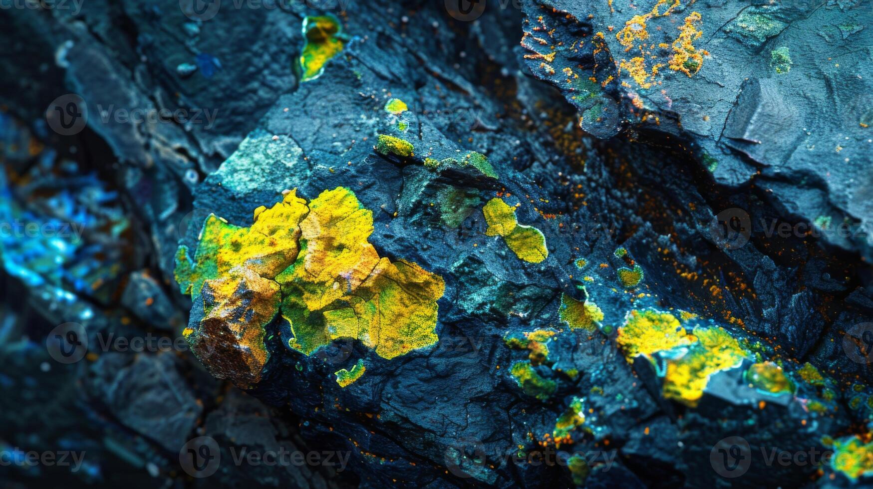 Unique mineral formations display vivid yellow and green hues amidst dark rocky surfaces in a natural setting under bright daylight, highlighting nature's artistry. photo