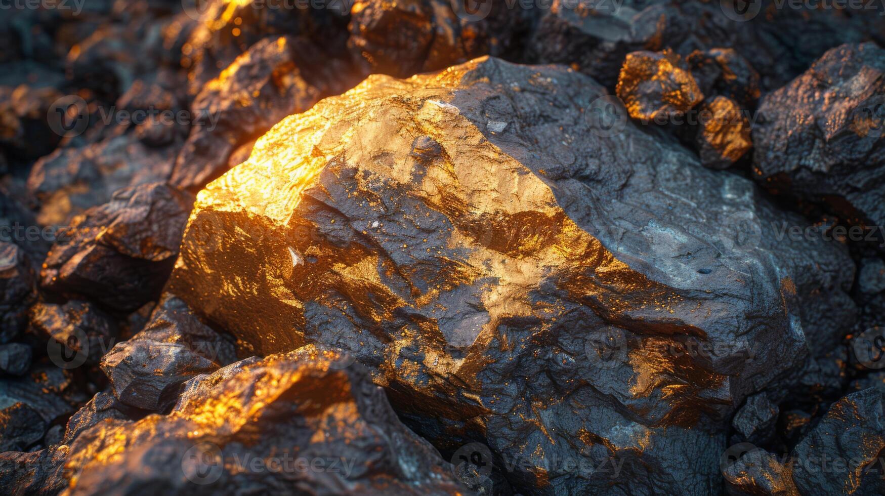 Glimmering rock surfaces showcase striking golden veins illuminated by warm light in a rugged terrain, highlighting the mineral richness found in this remote location at dusk. photo