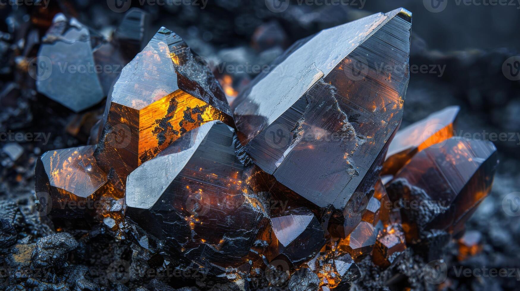 Vivid clusters of sparkling crystals display intricate geometric shapes and warm orange tones, creating a stunning contrast against a dark mineral background in a natural setting. photo