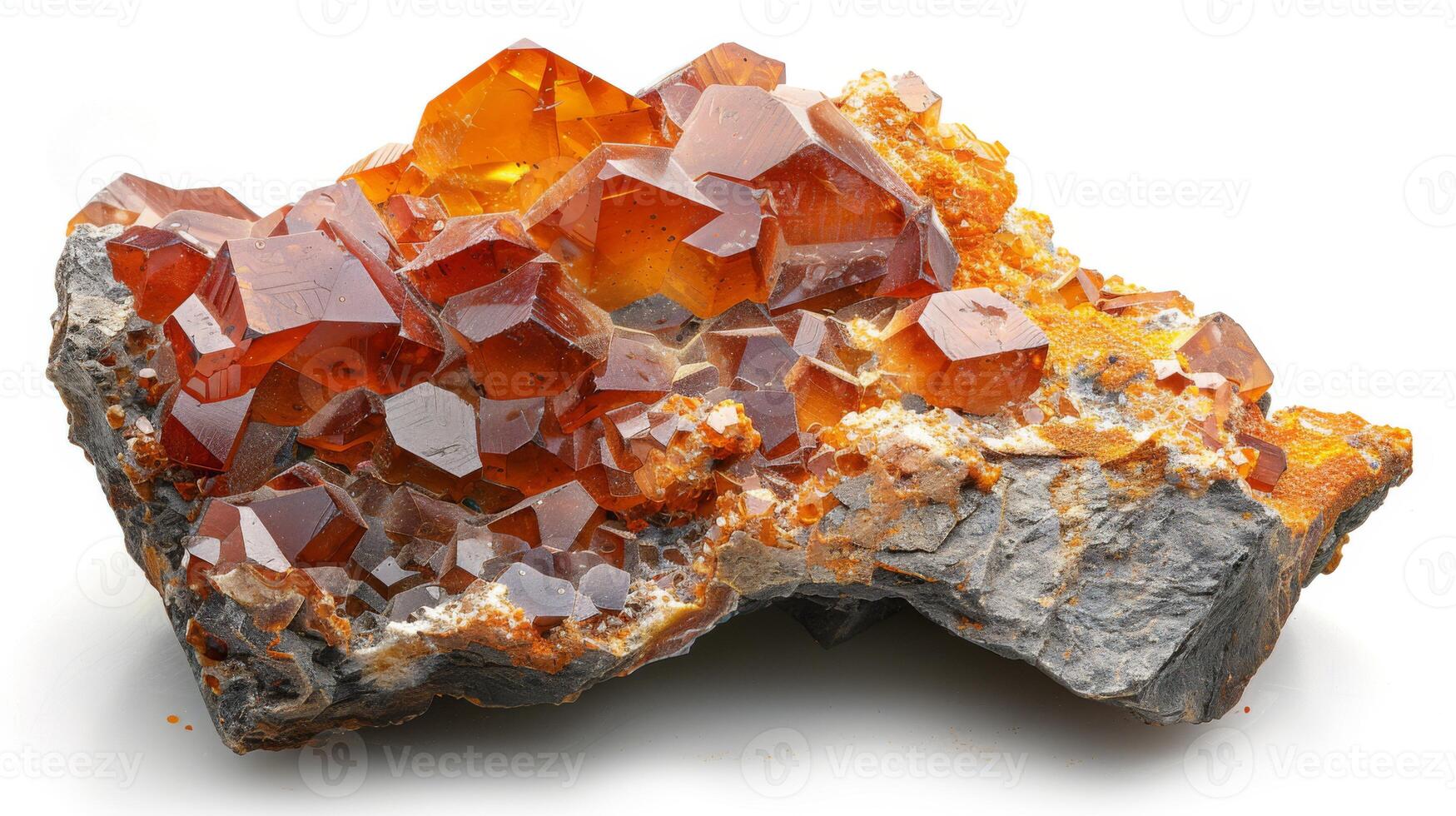 A striking collection of crimson crystals glistening on a rough rock surface, showcasing unique shapes and vibrant colors, found in a geological location known for its rich mineral deposits. photo