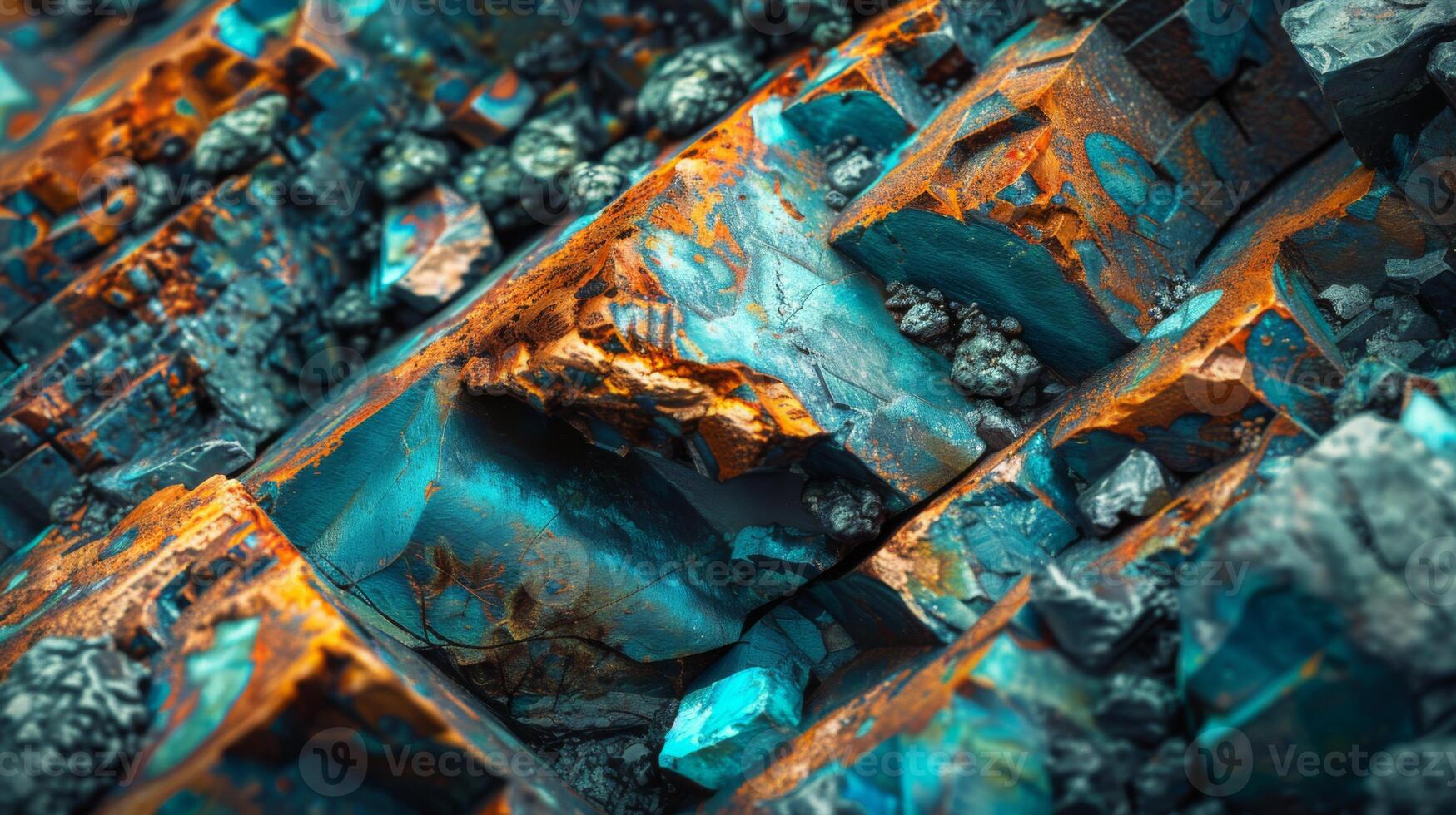 Detailed display of vibrant mineral formations highlights unique crystal structures and textures. Rich blue and orange hues create an eye catching natural composition. photo