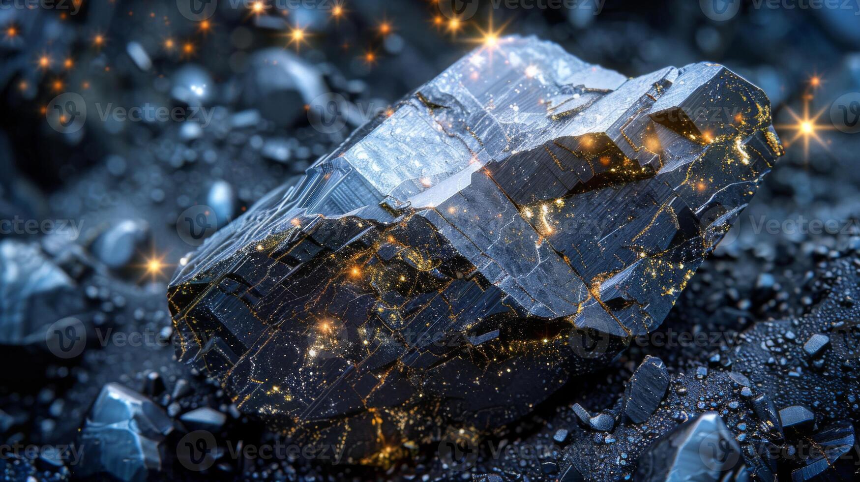 A unique mineral specimen glimmers with embedded light effects against a textured background, showcasing intricate details and an amazing array of sparkling patterns during twilight. photo