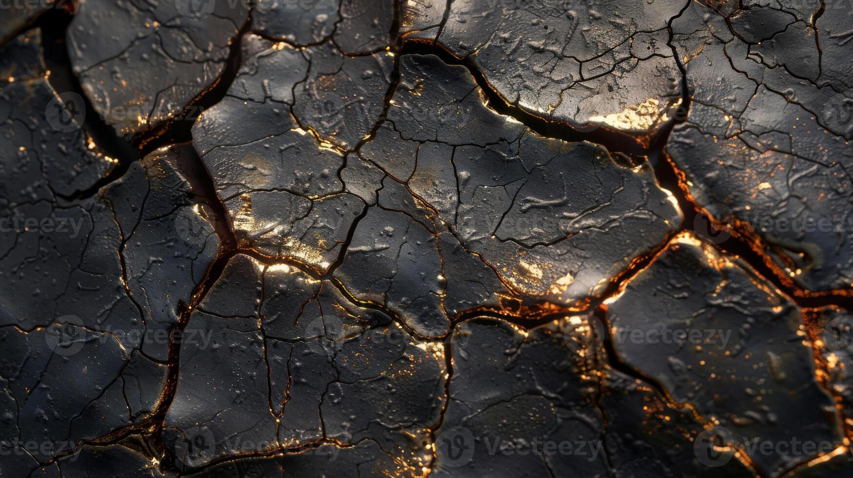 A close up view reveals a unique cracked surface with intricate lines and golden highlights, illuminated gently by soft light, creating a stunning visual texture. photo