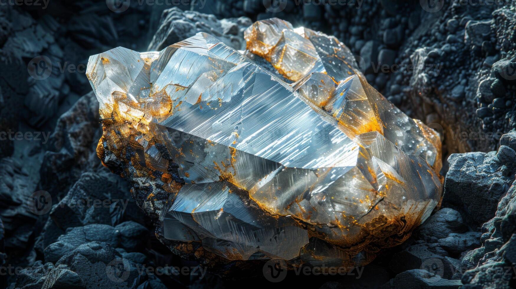A large crystal formation sparkles in soft light on a dark, rocky surface. Its facets reflect colors and reveal the intricate patterns within, emphasizing its geological wonder. photo