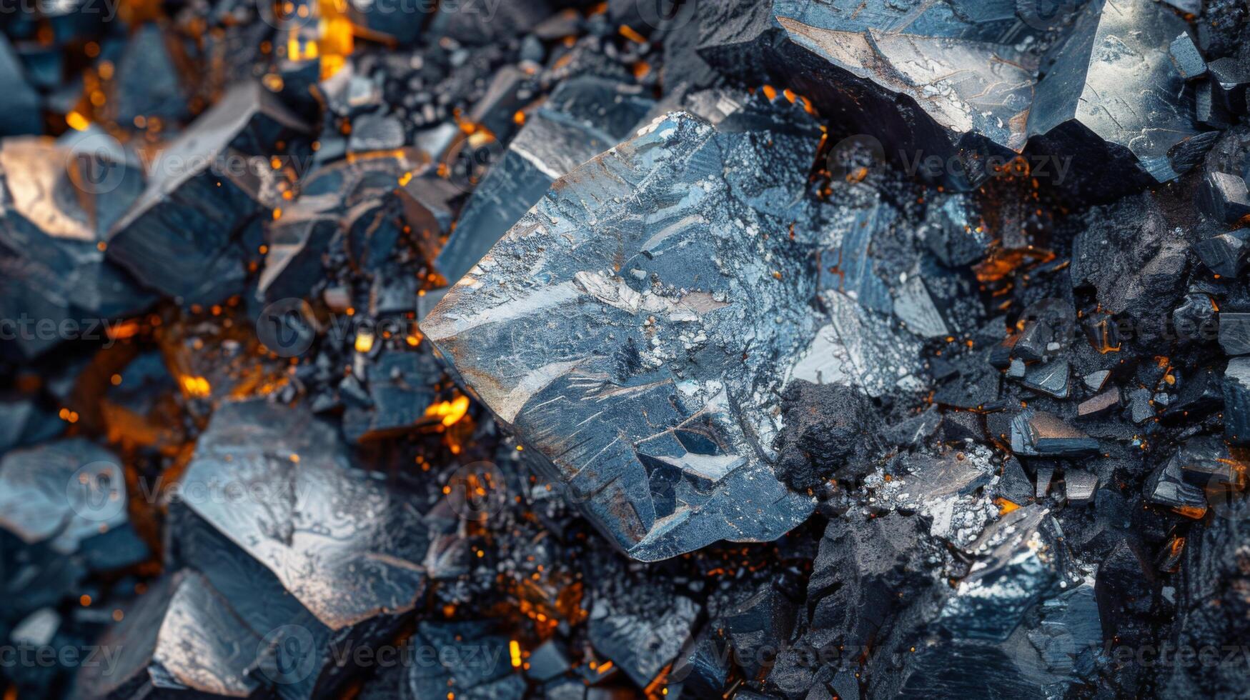 A collection of striking crystalline minerals is shown, featuring sharp angles and shiny surfaces, with warm light enhancing the natural beauty and complexity of the formations. photo