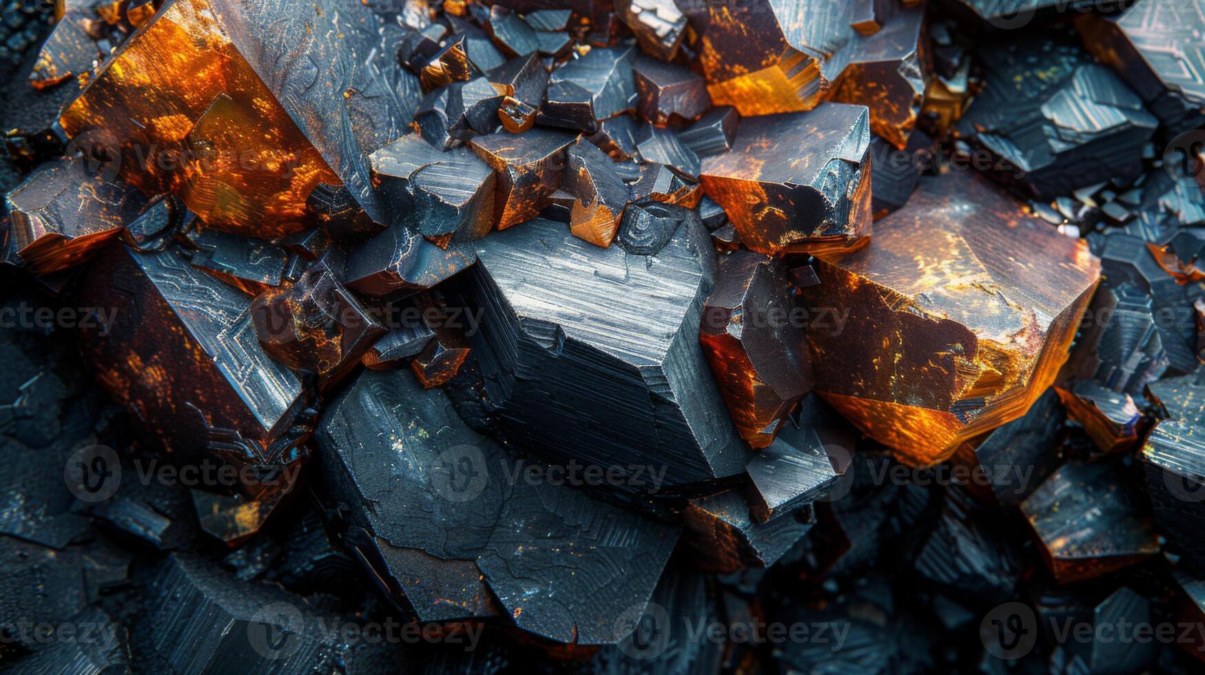 Crystallized minerals exhibit stunning orange and black colors, highlighting their geometric shapes and patterns in a rich, textured display from a geological setting. photo
