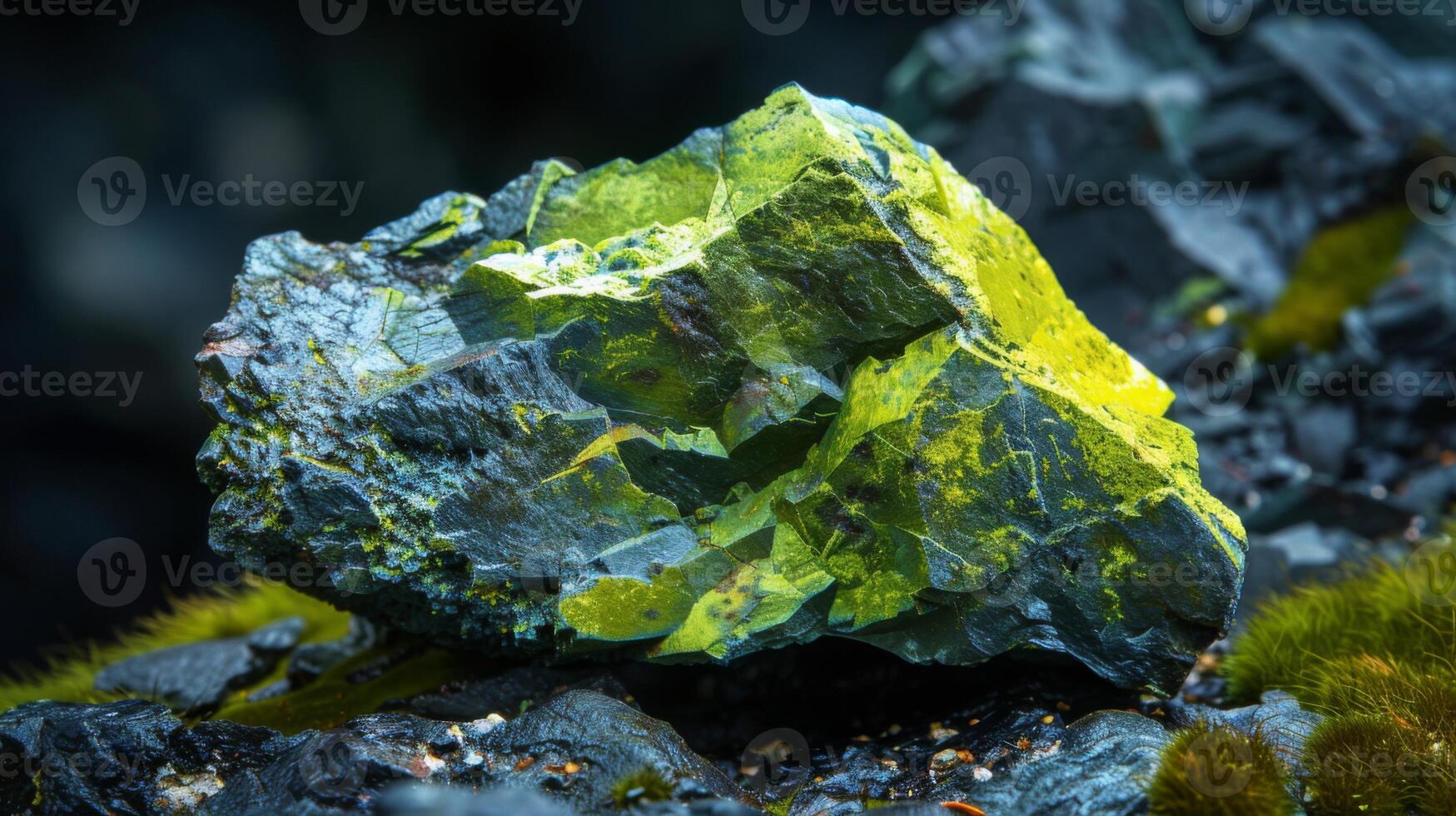 A striking bright green mineral rests on a dark rocky surface. It is surrounded by lush moss in a natural setting during daylight, creating a vibrant contrast in the forest. photo