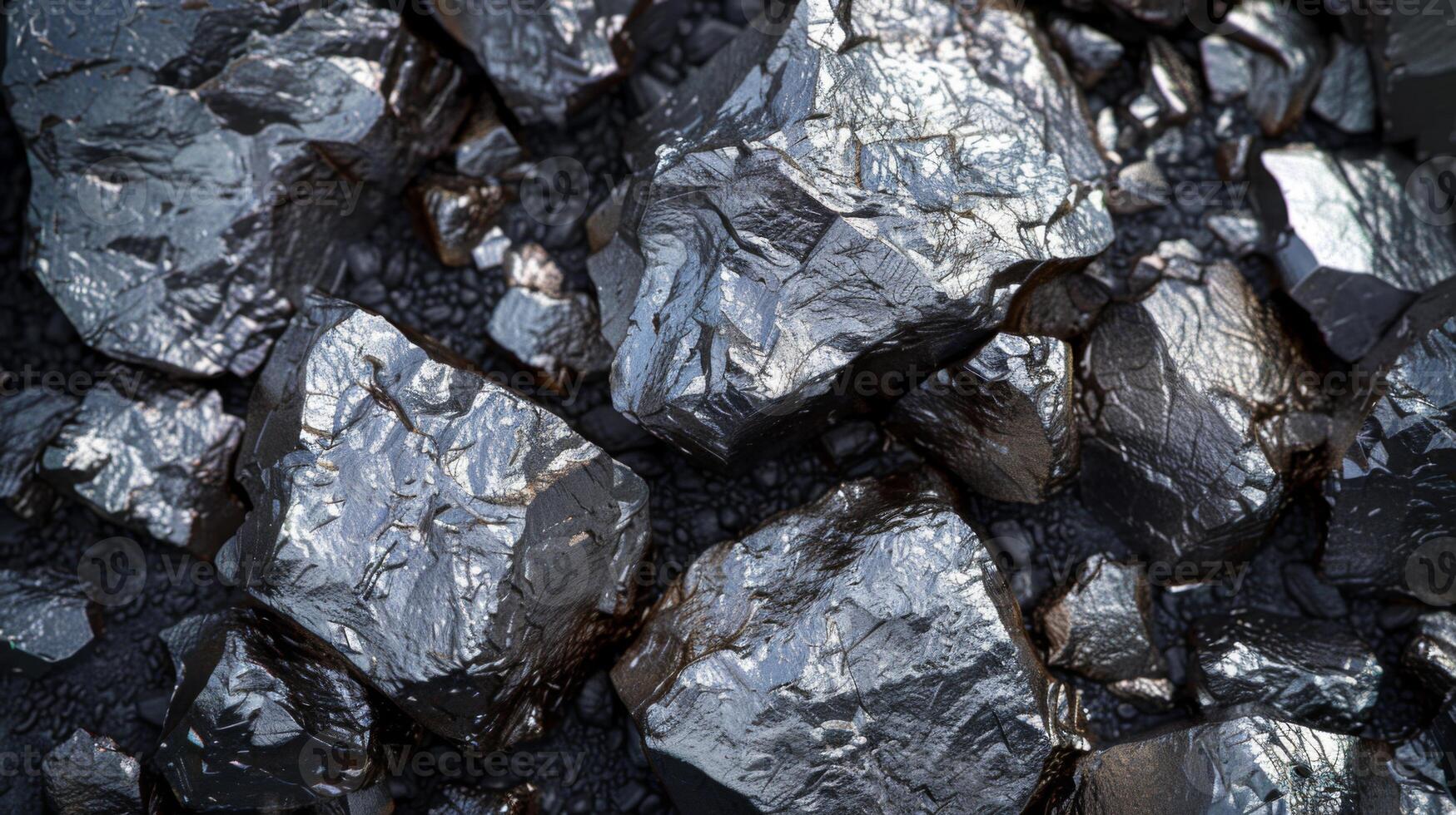 A close up of metallic rocks reveals their shiny surfaces and sharp edges. These mineral formations are arranged chaotically, highlighting their natural textures and colors under daylight. photo