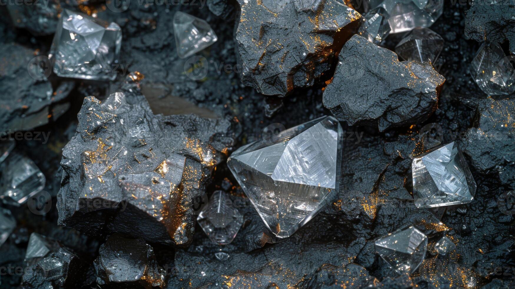 In a natural environment, rough black stones lay scattered around while clear, sparkling crystals can be seen emerging from the rocky surface creating a striking visual contrast. photo